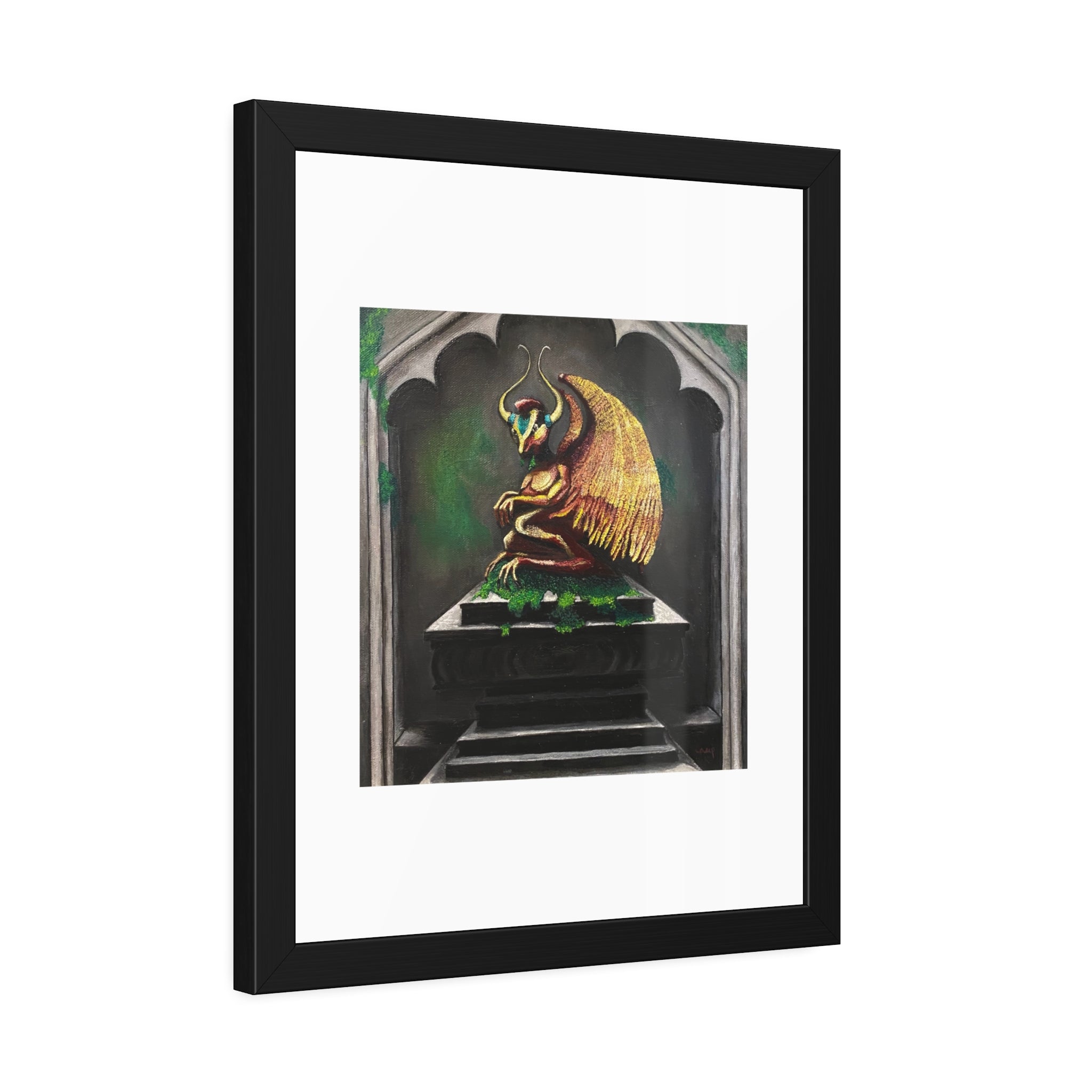 Golden Gargoyle Framed Art Print — Gothic Fantasy Paper Poster