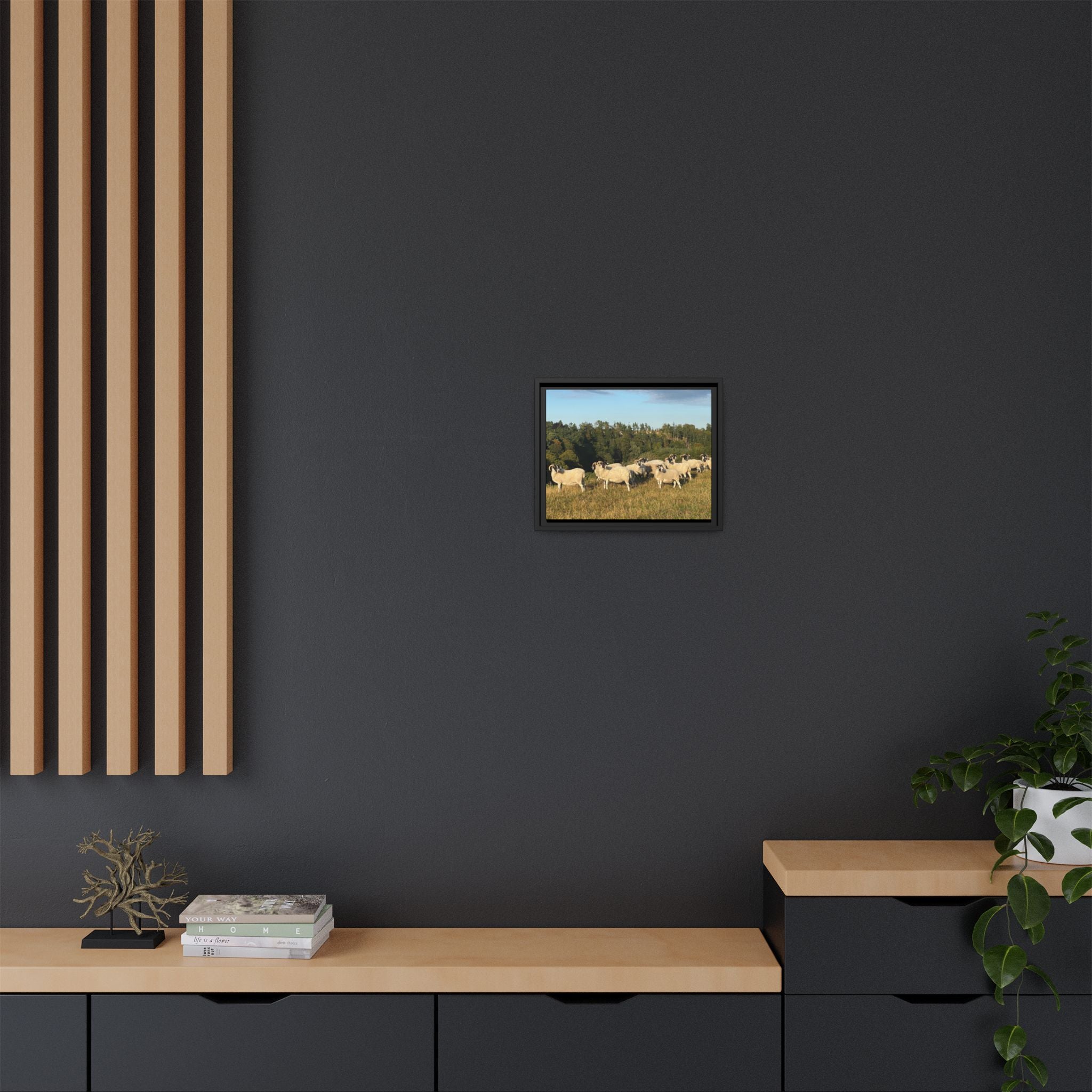 Framed Matte Canvas Print — Pastoral Sheep Landscape Wall Art