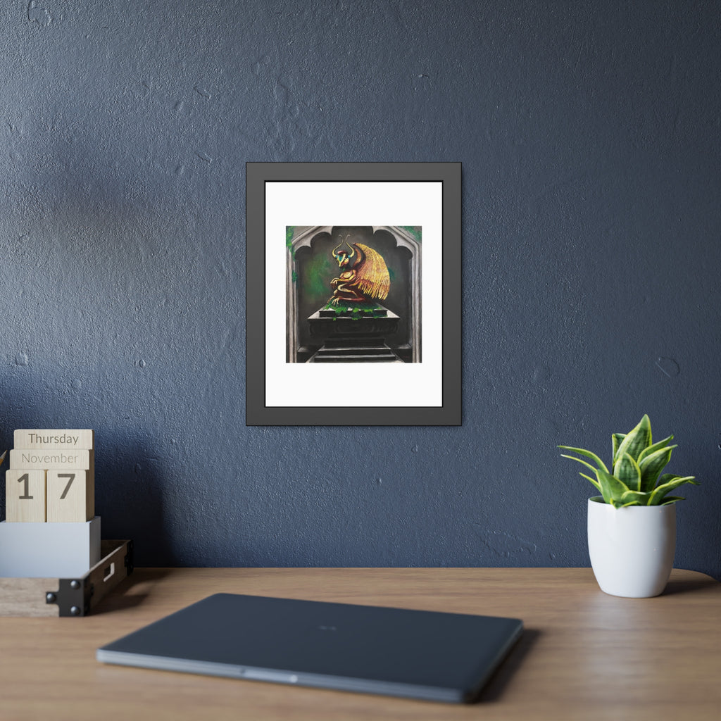 Golden Gargoyle Framed Art Print — Gothic Fantasy Paper Poster