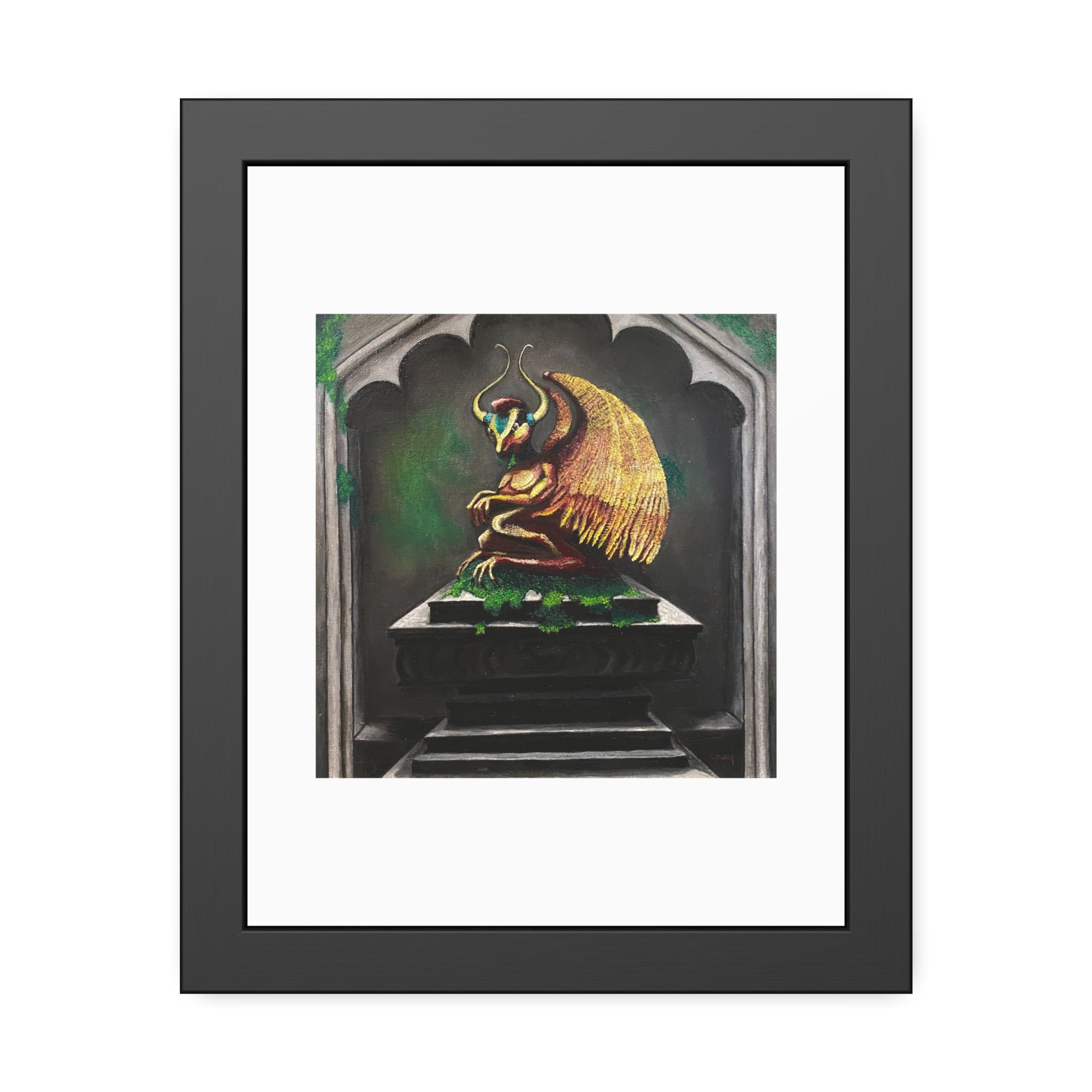 Golden Gargoyle Framed Art Print — Gothic Fantasy Paper Poster