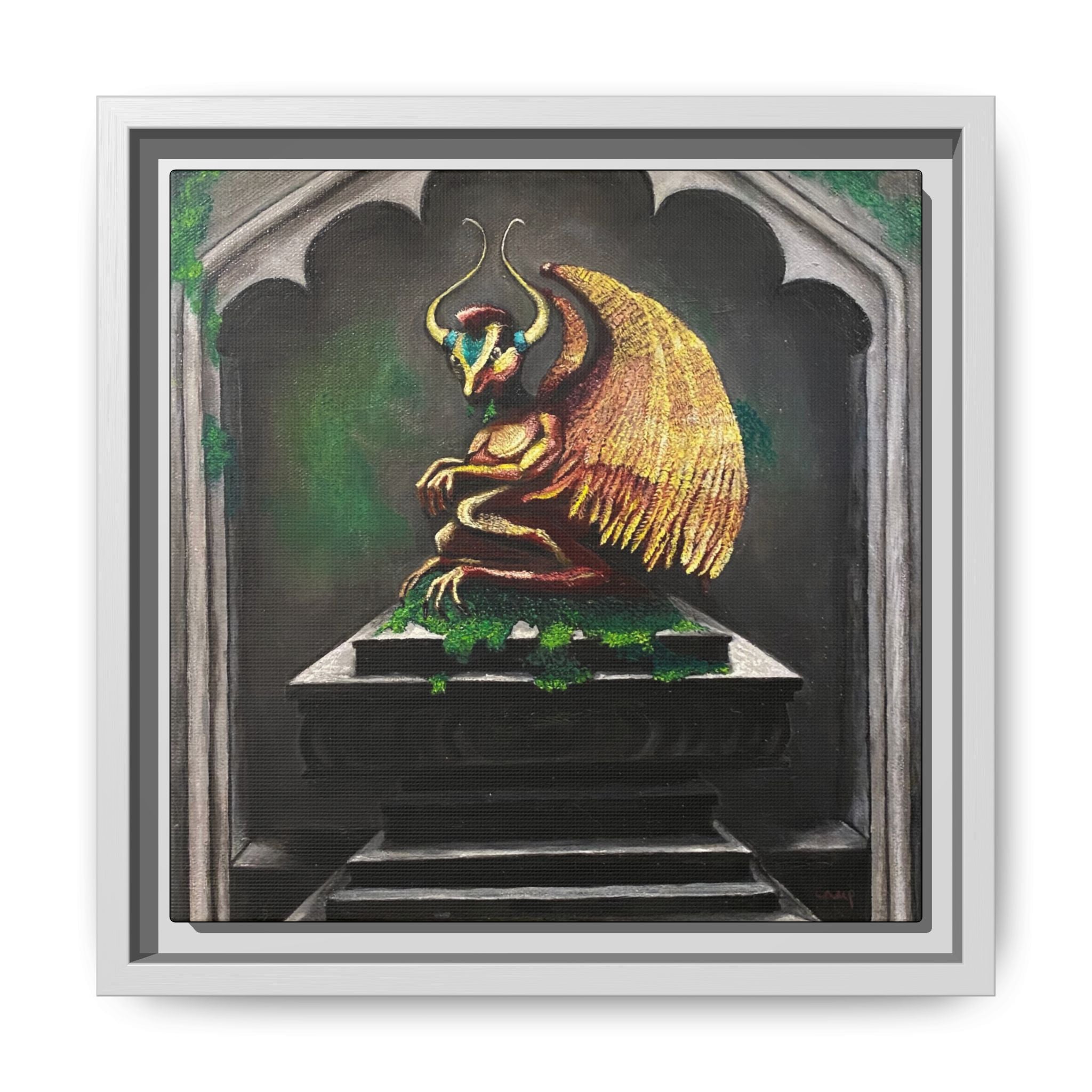 Framed Matte Canvas - Golden Gothic Gargoyle Wall Art