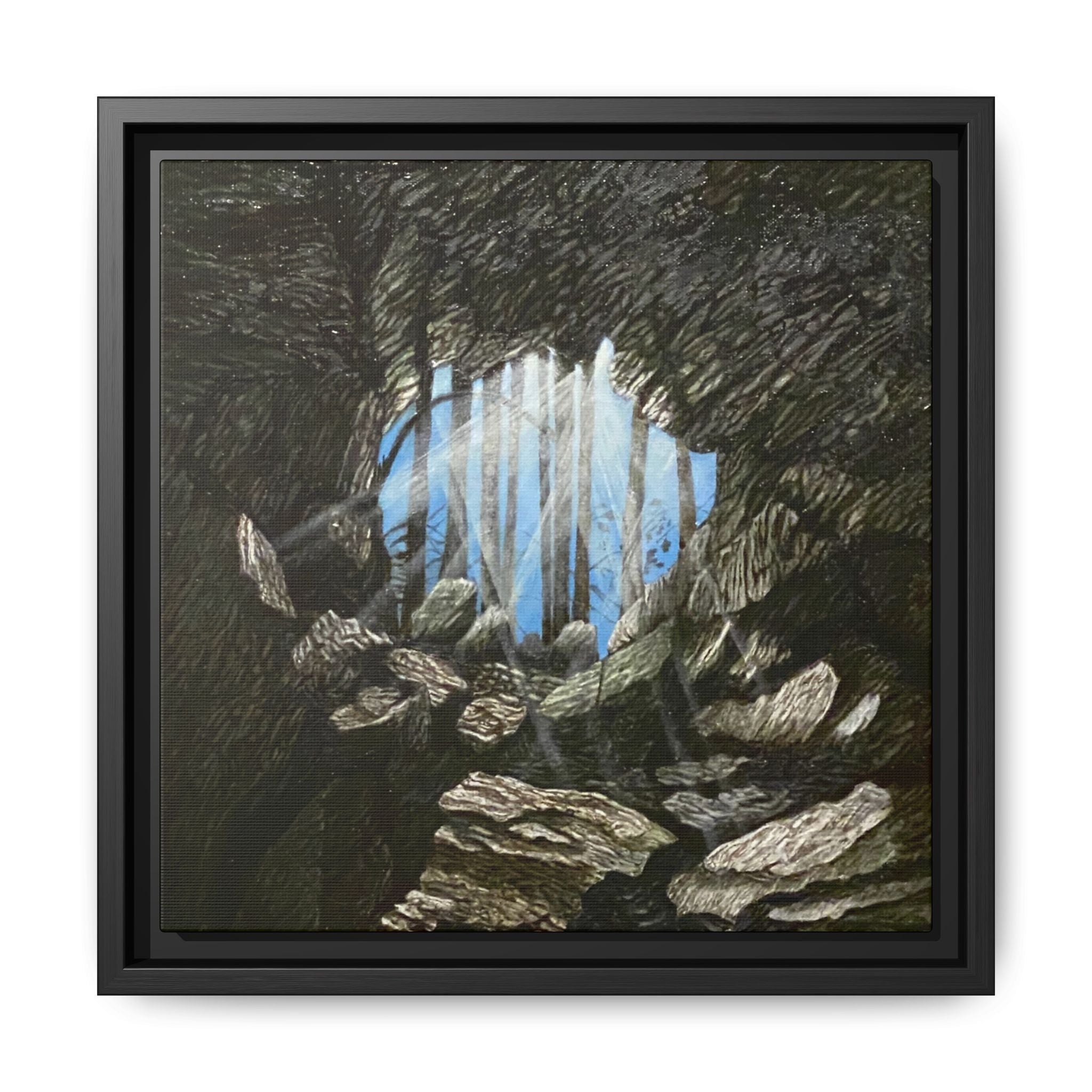 Framed Matte Canvas Art — Cave Opening with Blue Sky Landscape