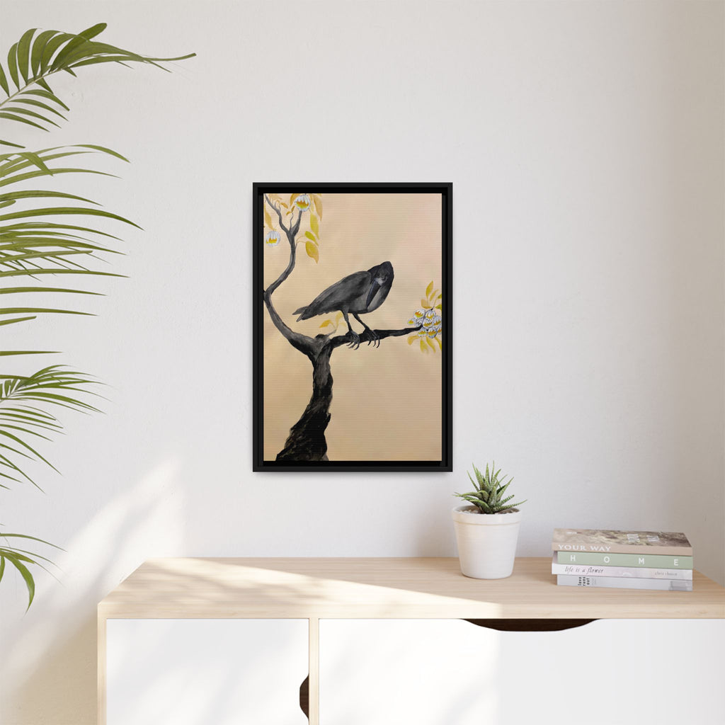 Raven on Branch Matte Framed Canvas – Moody Bird Wall Art