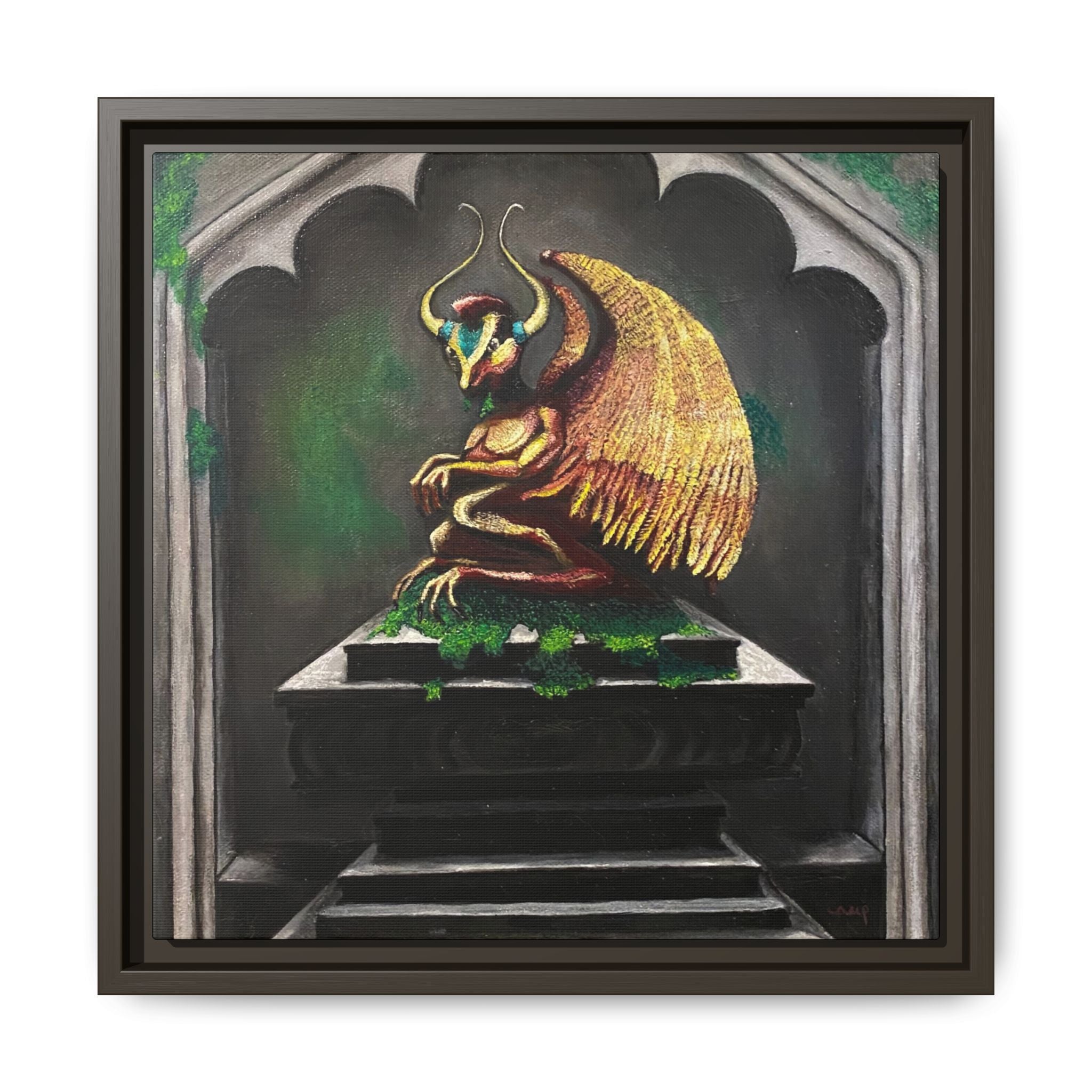 Framed Matte Canvas - Golden Gothic Gargoyle Wall Art