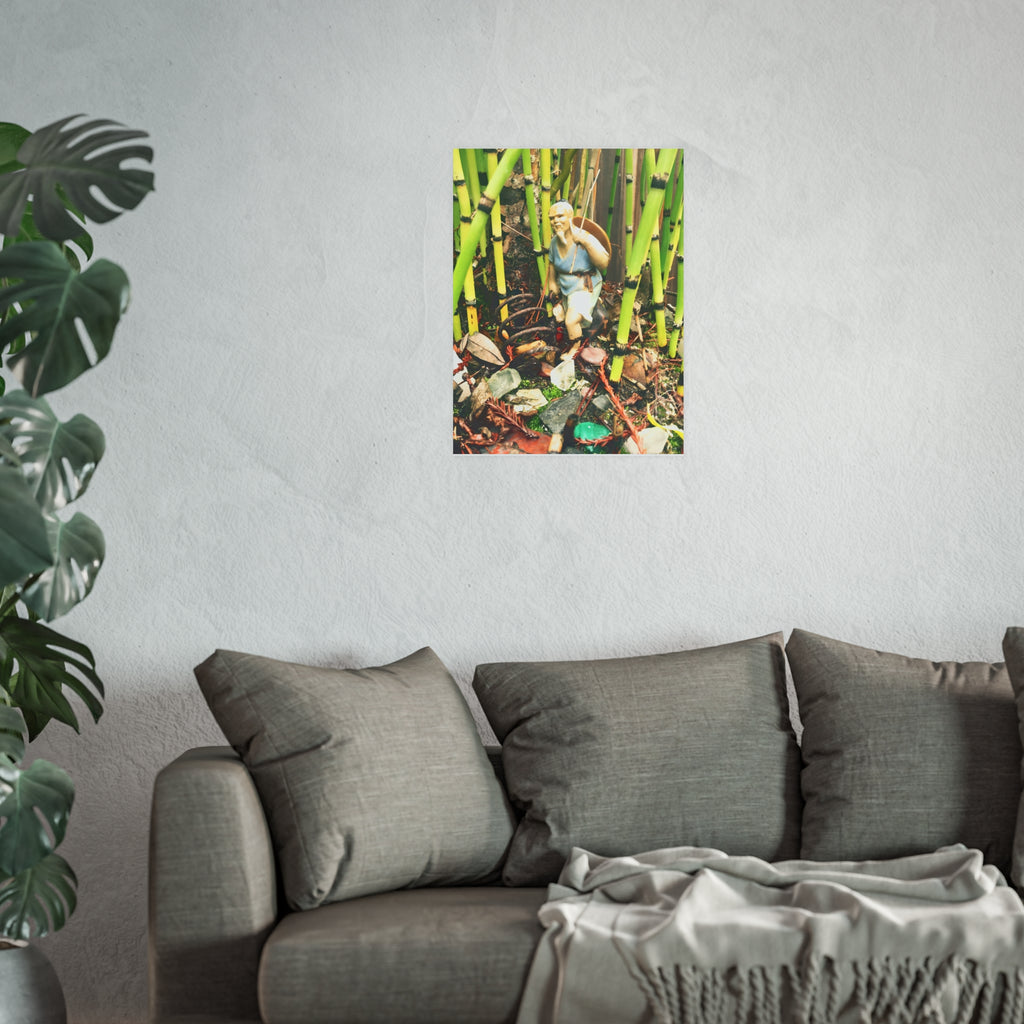 Garden Vignette Poster — Vintage Figurine Among Bamboo Satin/Matte Print