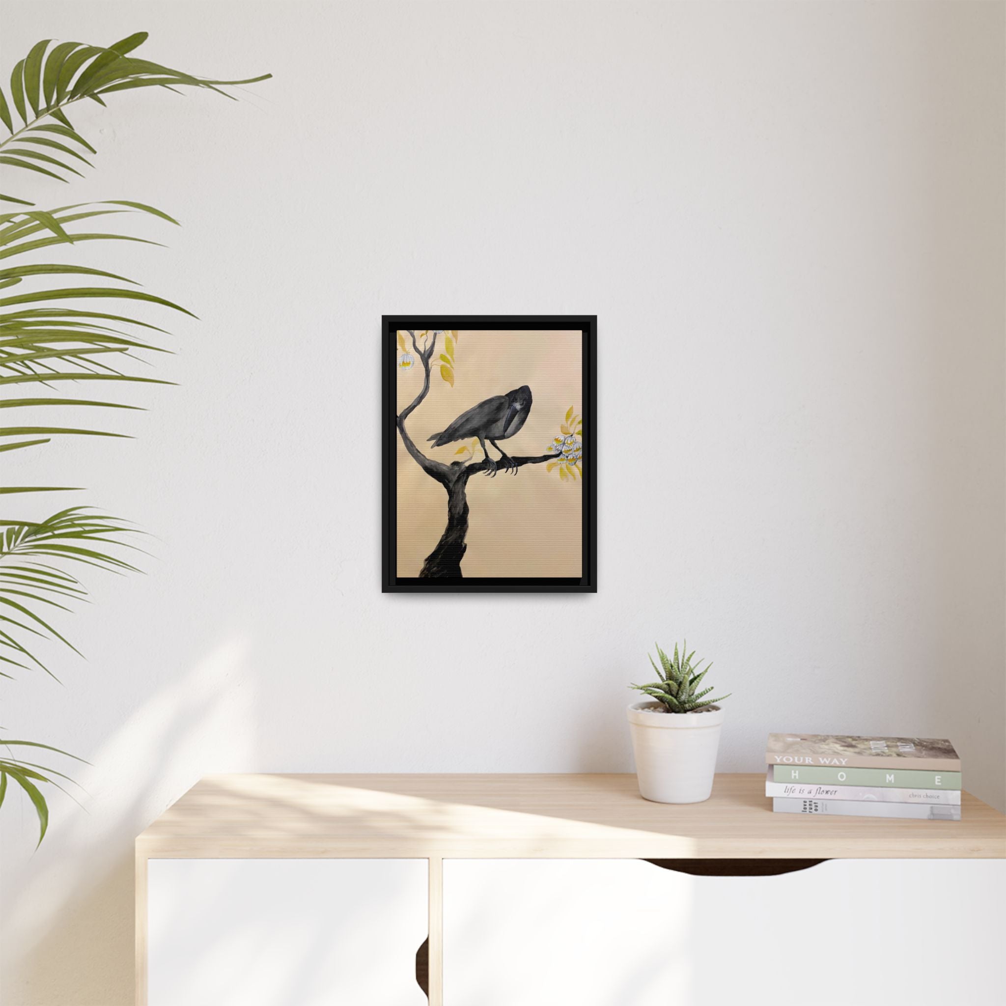 Raven on Branch Matte Framed Canvas – Moody Bird Wall Art