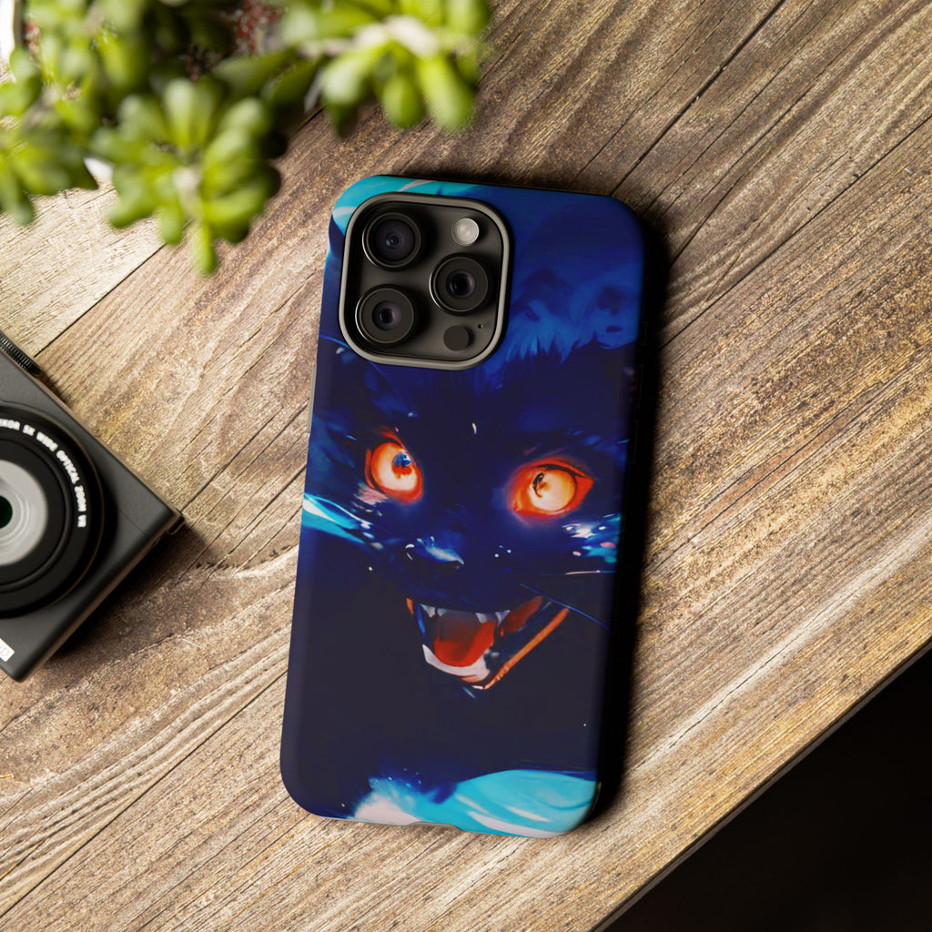 Demon Cat Phone Case — Glowing Blue Feline Tough Case