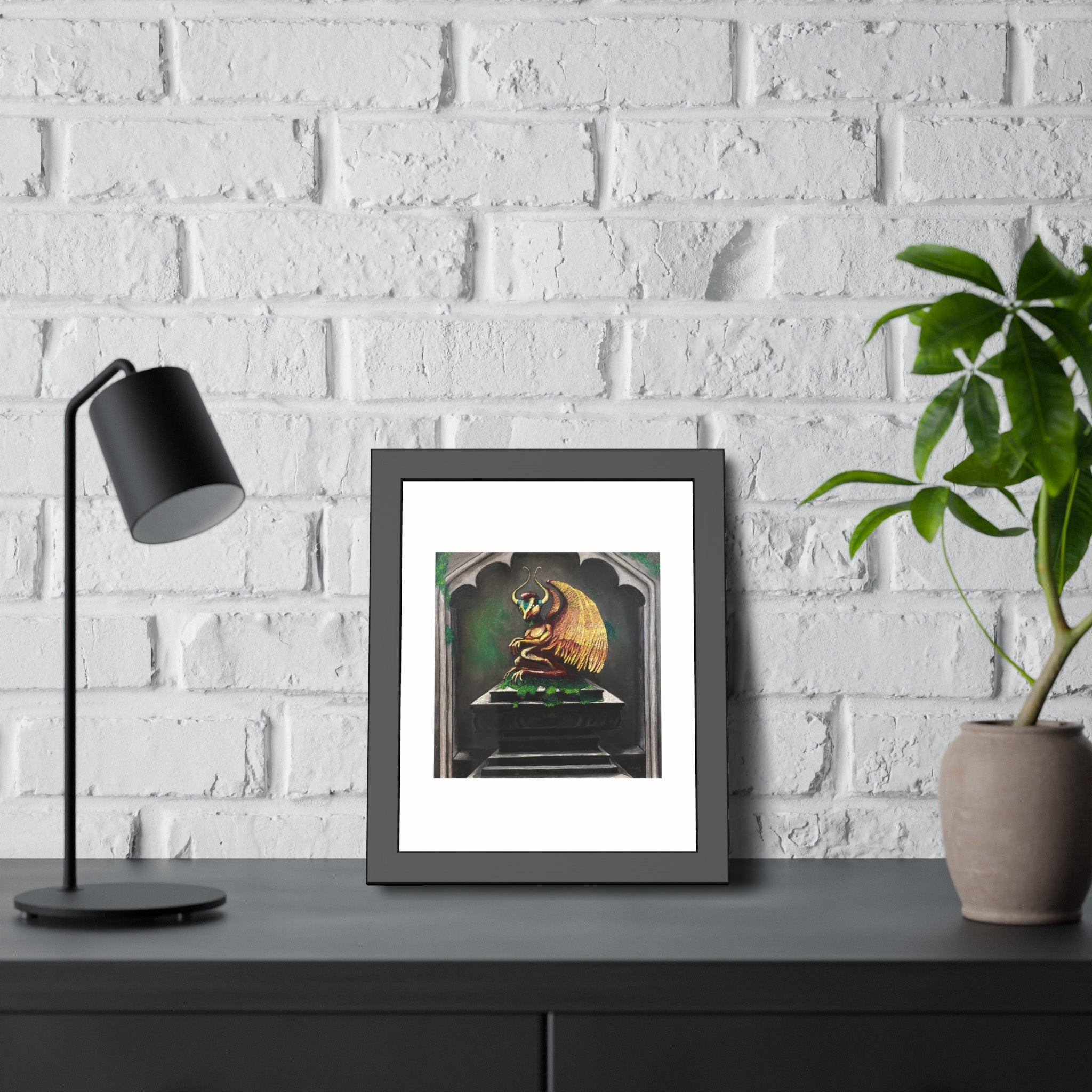 Golden Gargoyle Framed Art Print — Gothic Fantasy Paper Poster