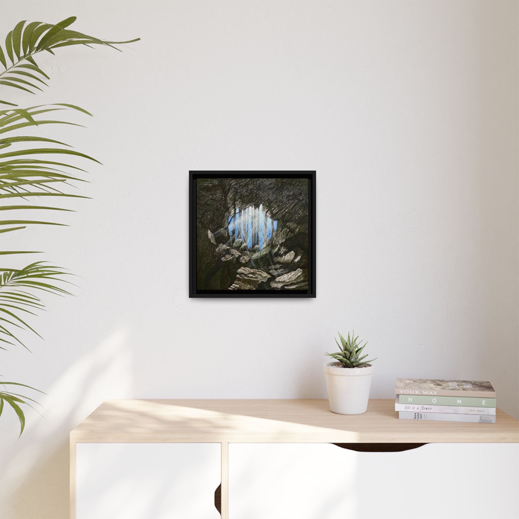 Framed Matte Canvas Art — Cave Opening with Blue Sky Landscape