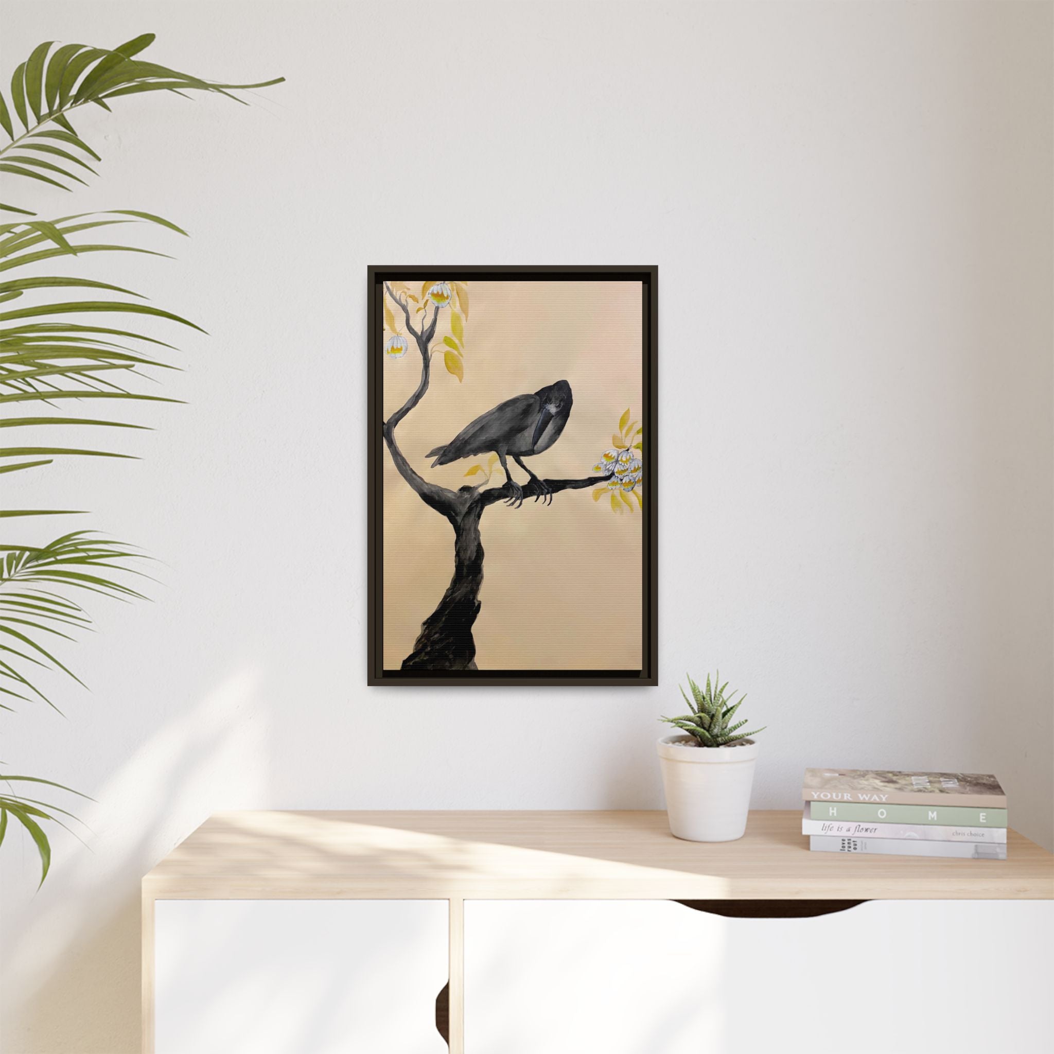 Raven on Branch Matte Framed Canvas – Moody Bird Wall Art