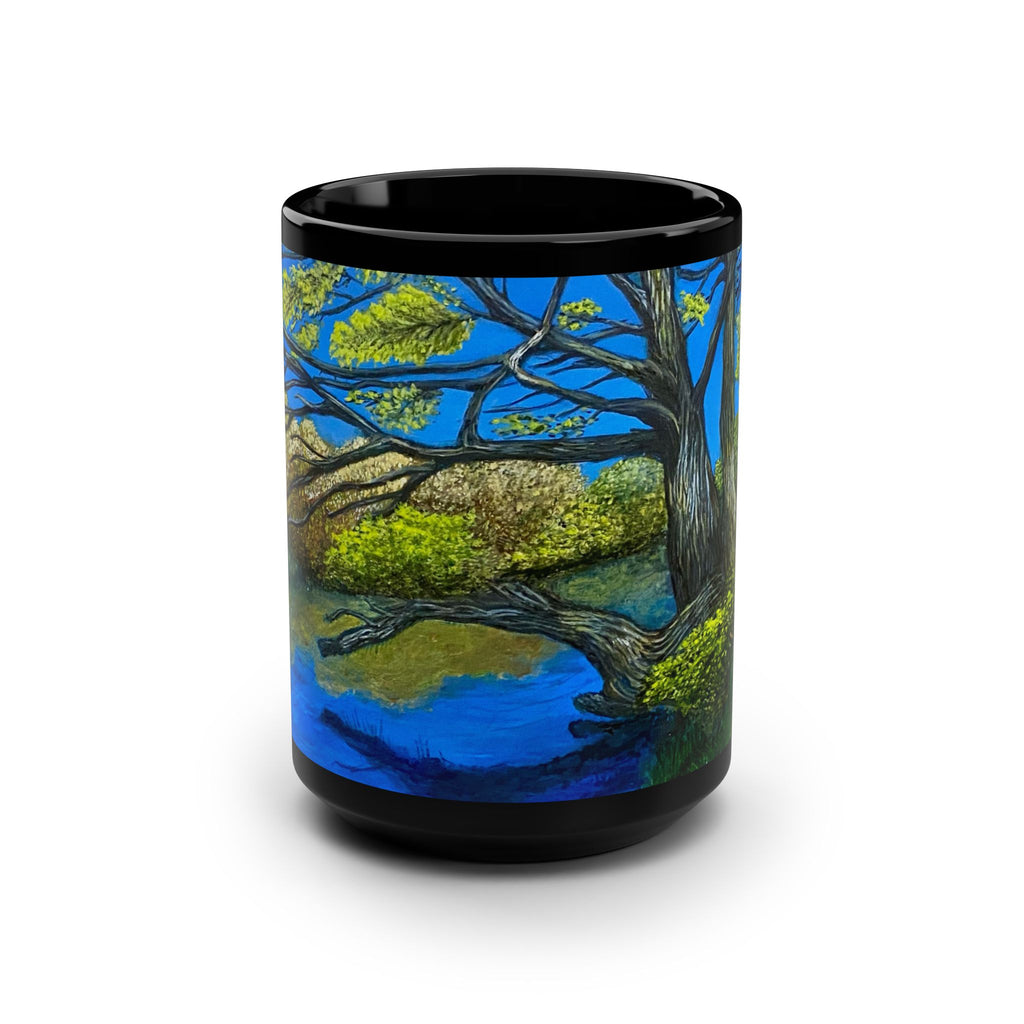 15oz Black Mug — Serene Riverside Tree Art Coffee Mug