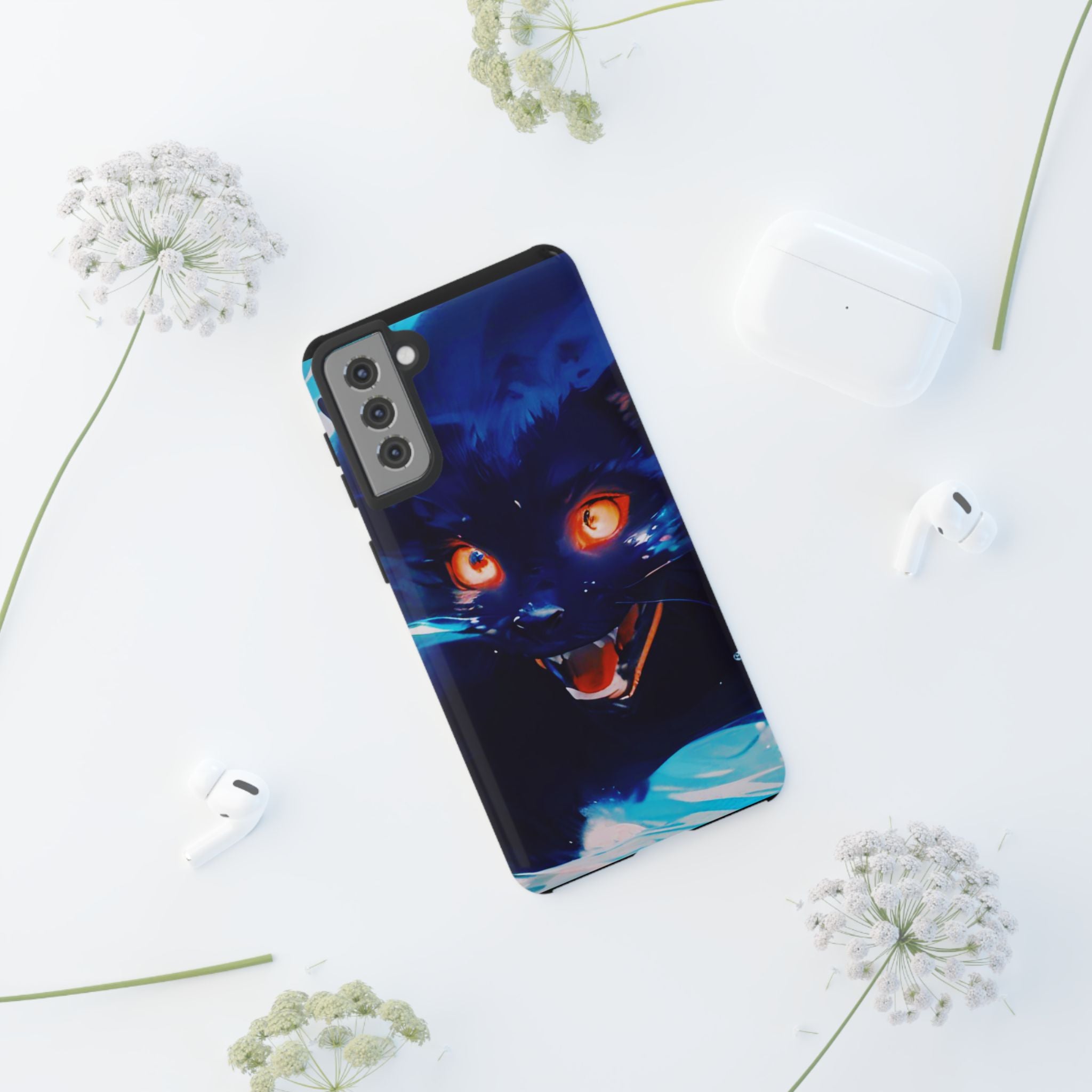 Demon Cat Phone Case — Glowing Blue Feline Tough Case