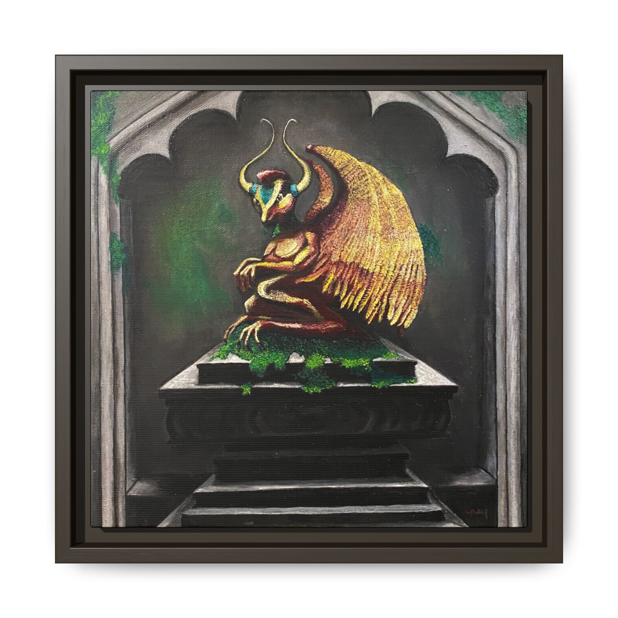 Framed Matte Canvas - Golden Gothic Gargoyle Wall Art