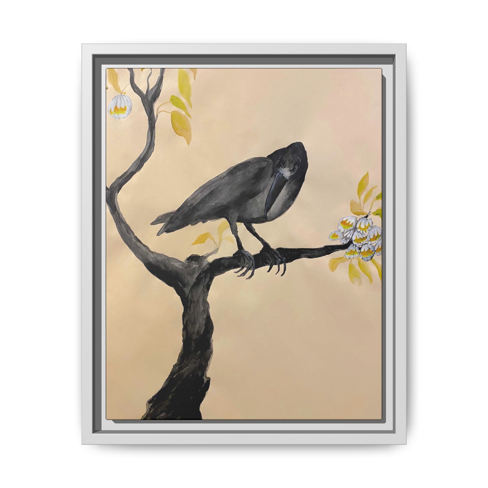 Raven on Branch Matte Framed Canvas – Moody Bird Wall Art