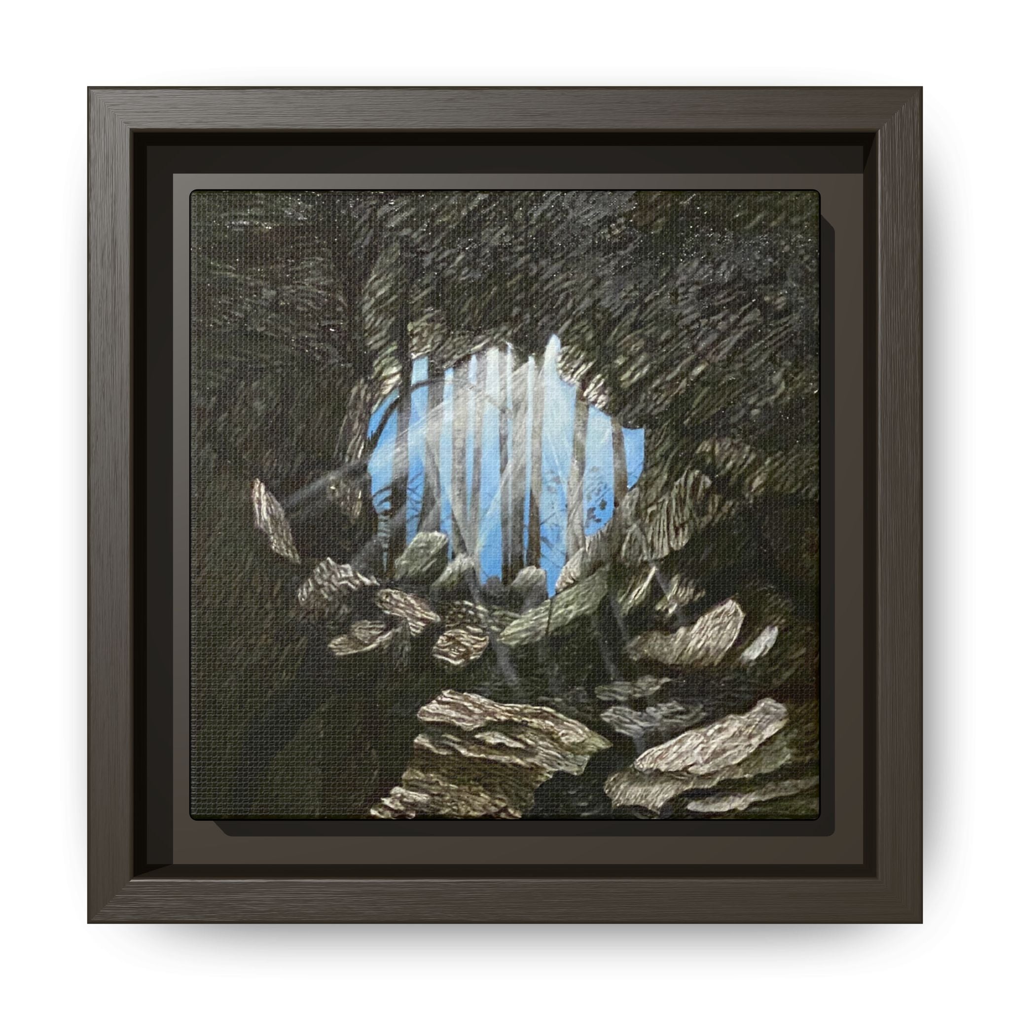 Framed Matte Canvas Art — Cave Opening with Blue Sky Landscape