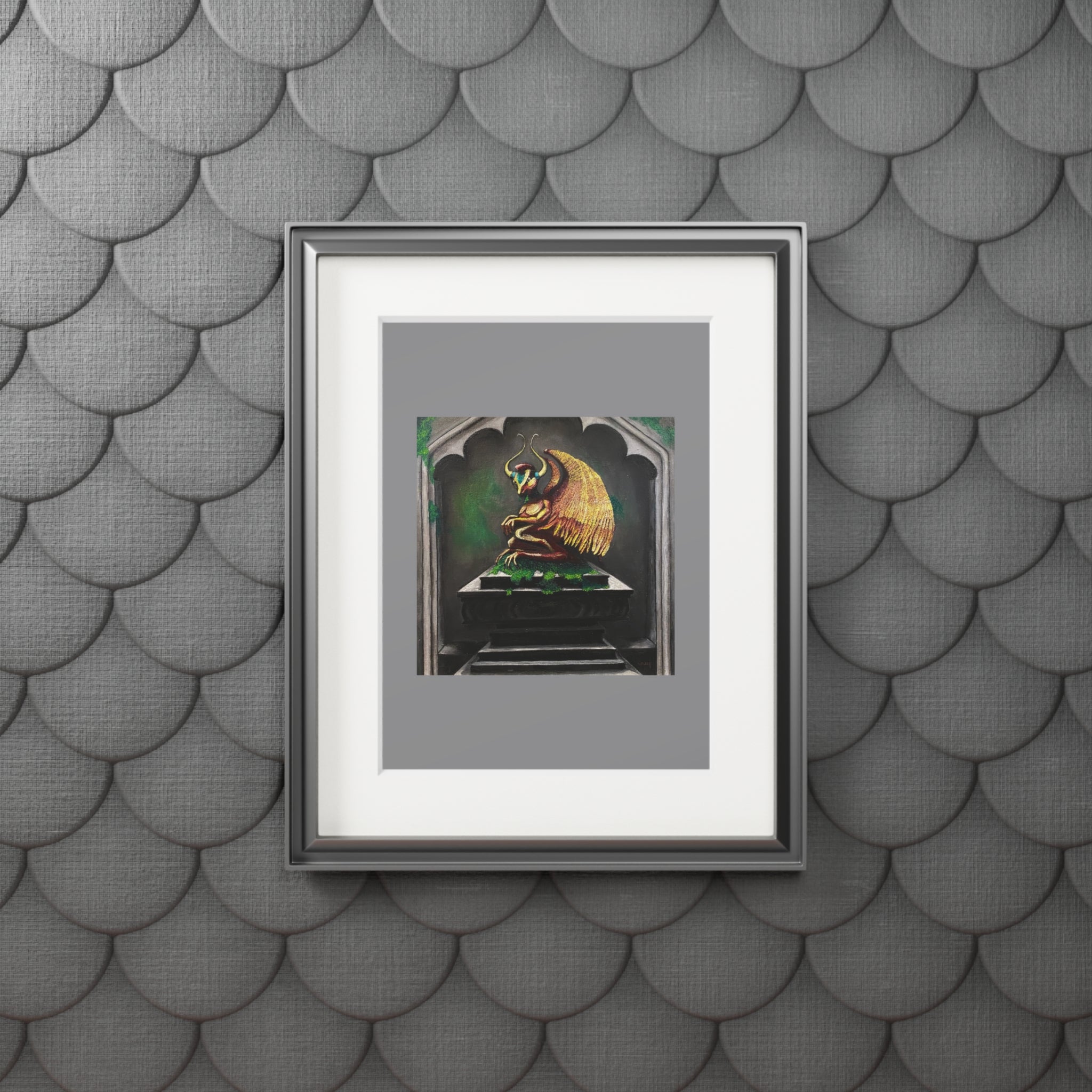 Golden Gargoyle Fine Art Print with Passepartout Frame — Mythic Wall Art