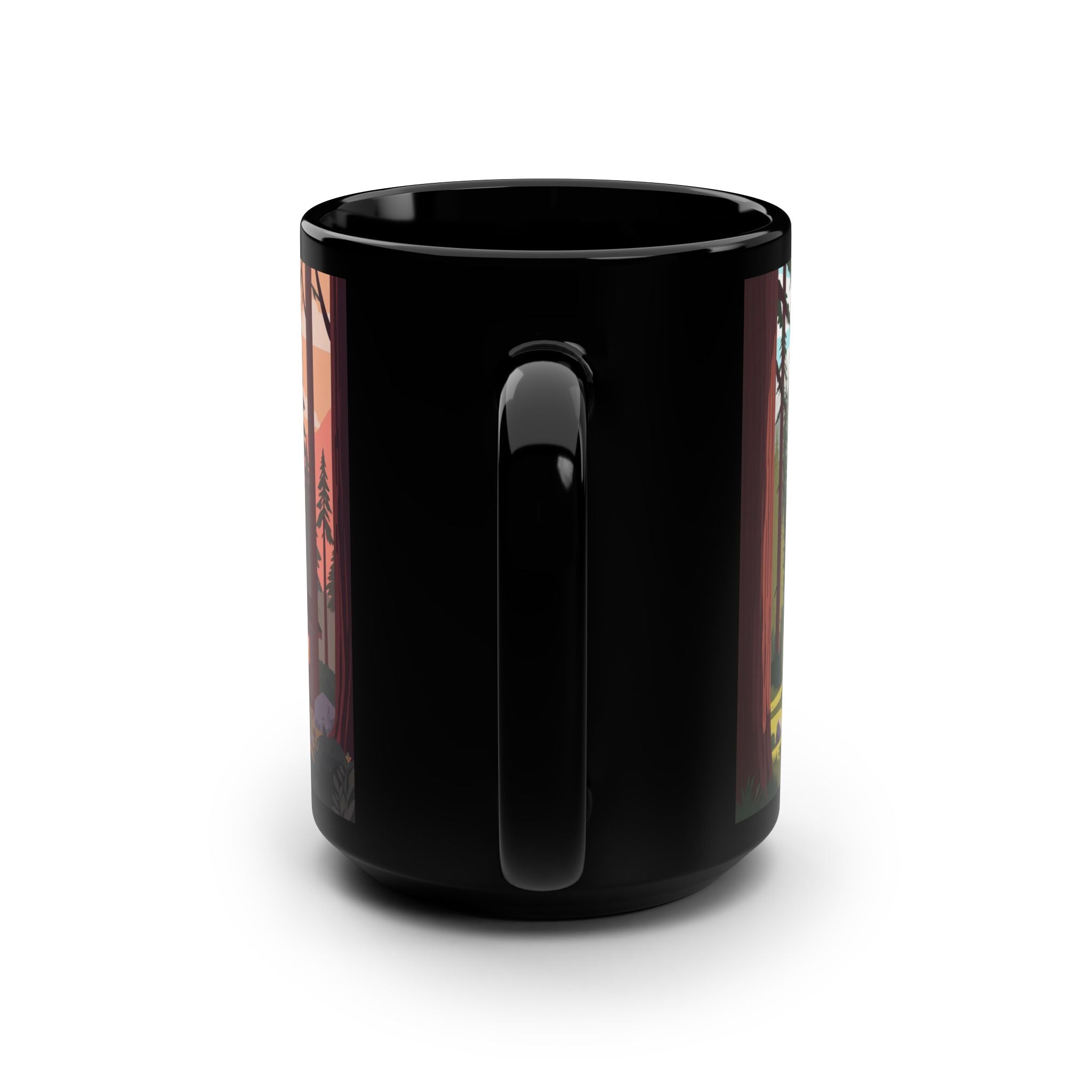 Cabin Forest Mug — Rustic Bigfoot Sunset 15oz Black Coffee Cup