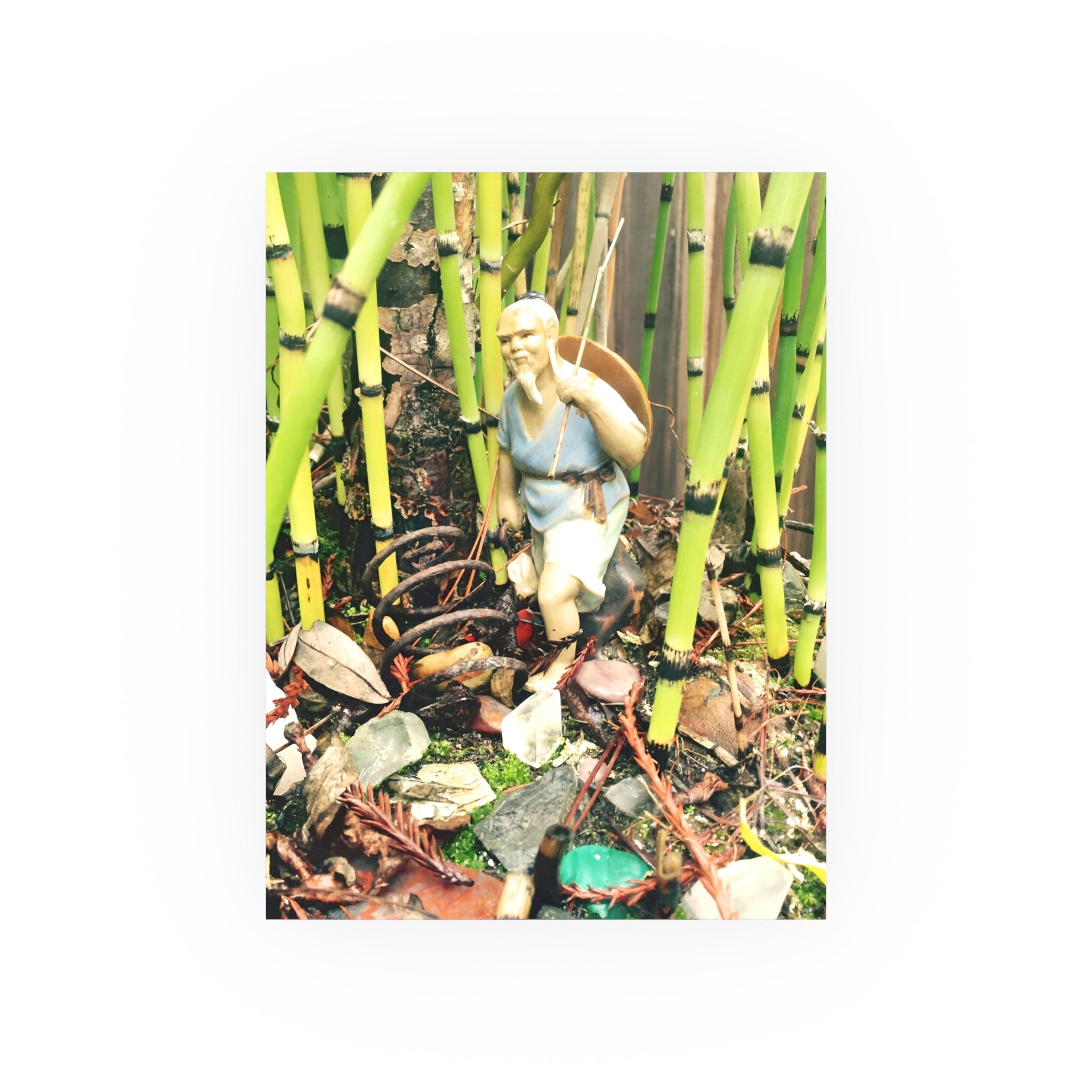 Garden Vignette Poster — Vintage Figurine Among Bamboo Satin/Matte Print