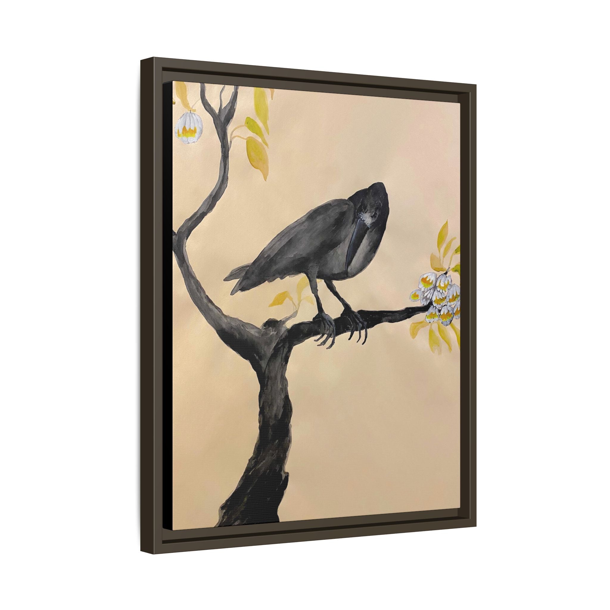 Raven on Branch Matte Framed Canvas – Moody Bird Wall Art