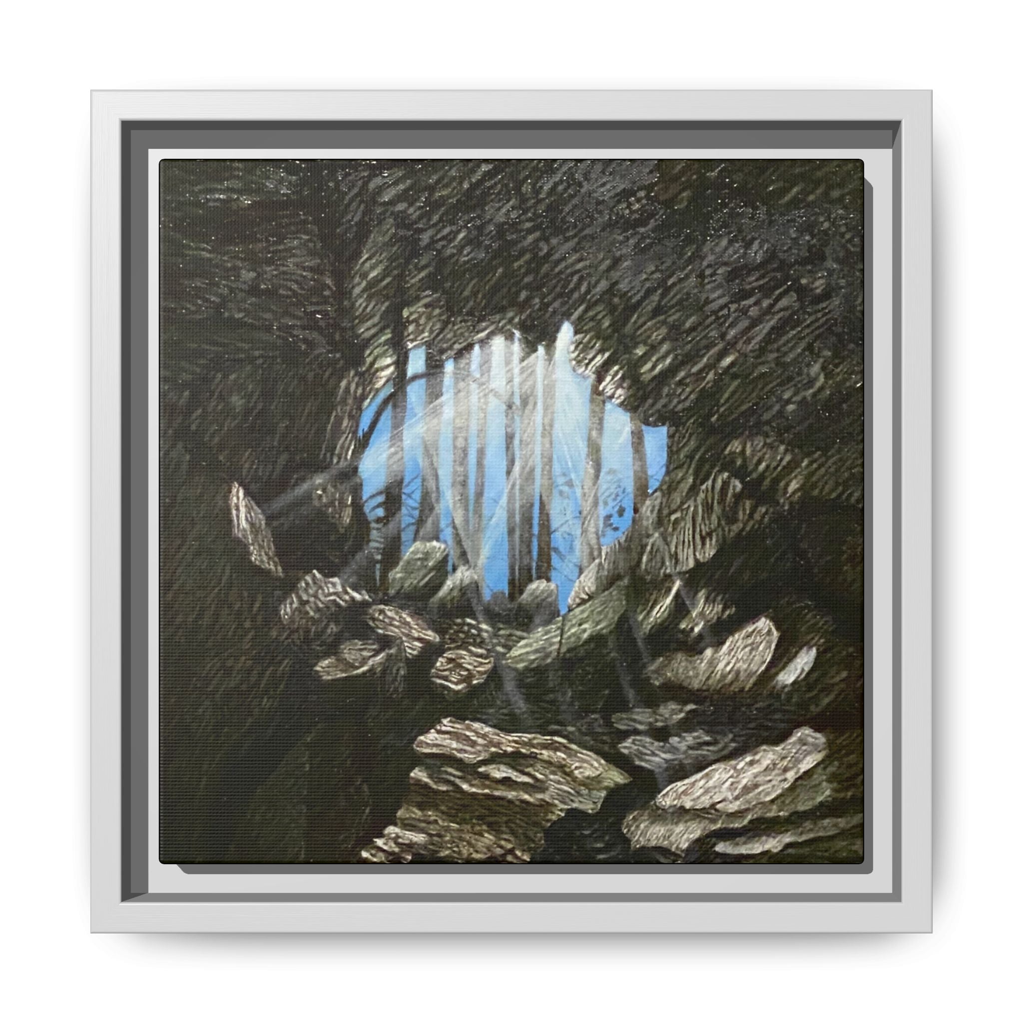 Framed Matte Canvas Art — Cave Opening with Blue Sky Landscape