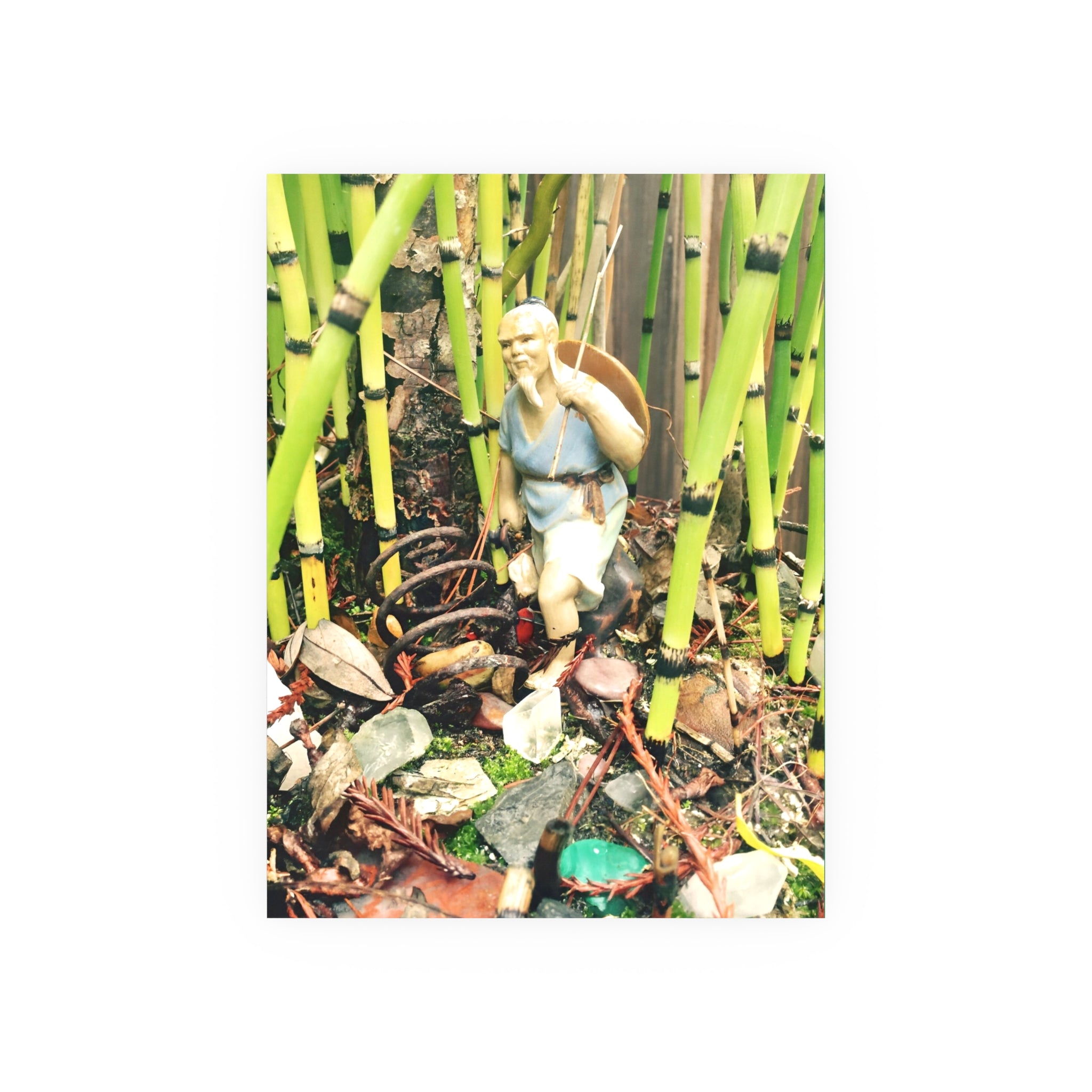 Garden Vignette Poster — Vintage Figurine Among Bamboo Satin/Matte Print