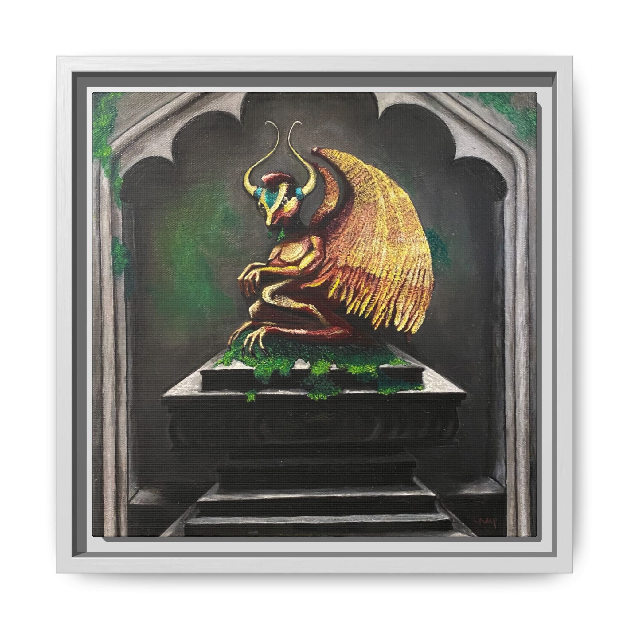Framed Matte Canvas - Golden Gothic Gargoyle Wall Art
