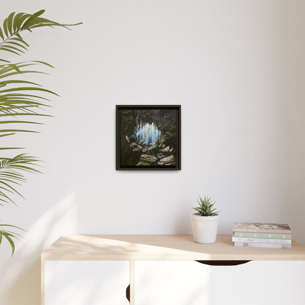 Framed Matte Canvas Art — Cave Opening with Blue Sky Landscape