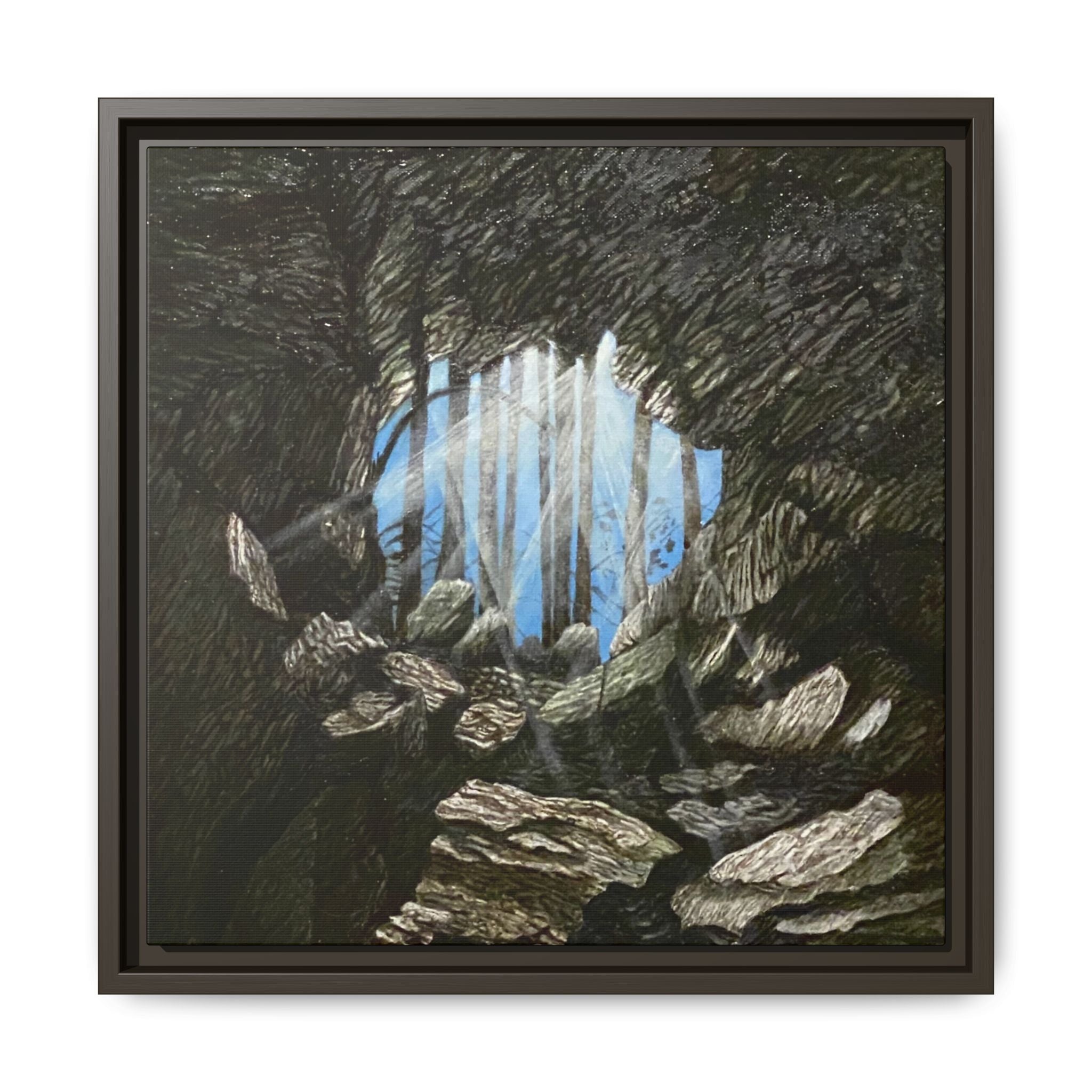 Framed Matte Canvas Art — Cave Opening with Blue Sky Landscape