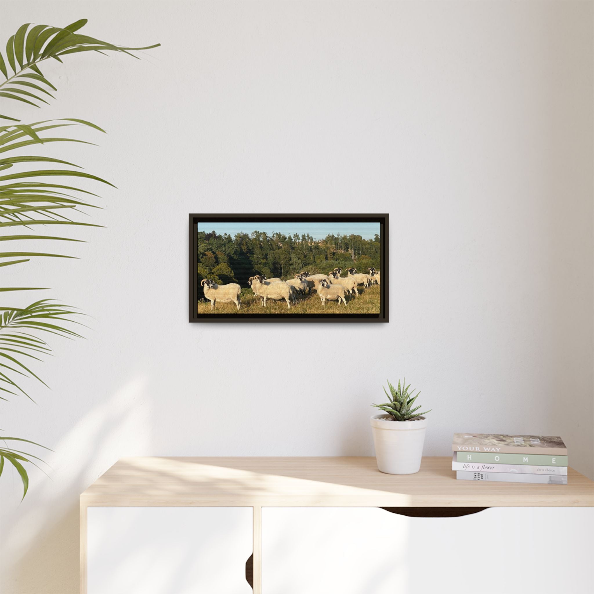 Framed Matte Canvas Print — Pastoral Sheep Landscape Wall Art