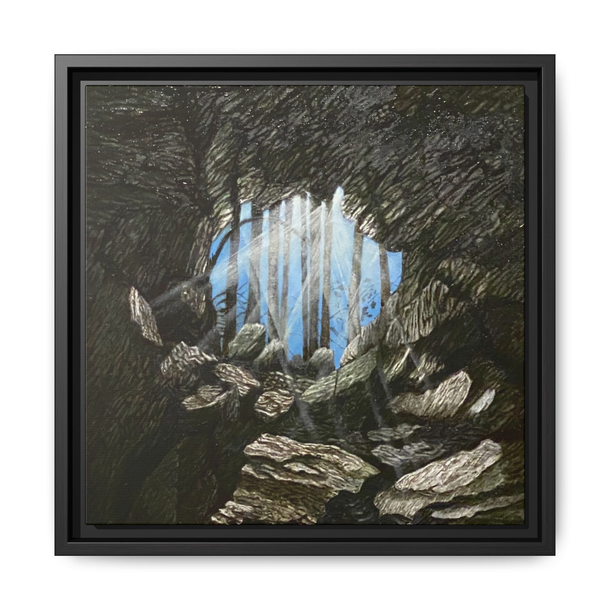 Framed Matte Canvas Art — Cave Opening with Blue Sky Landscape