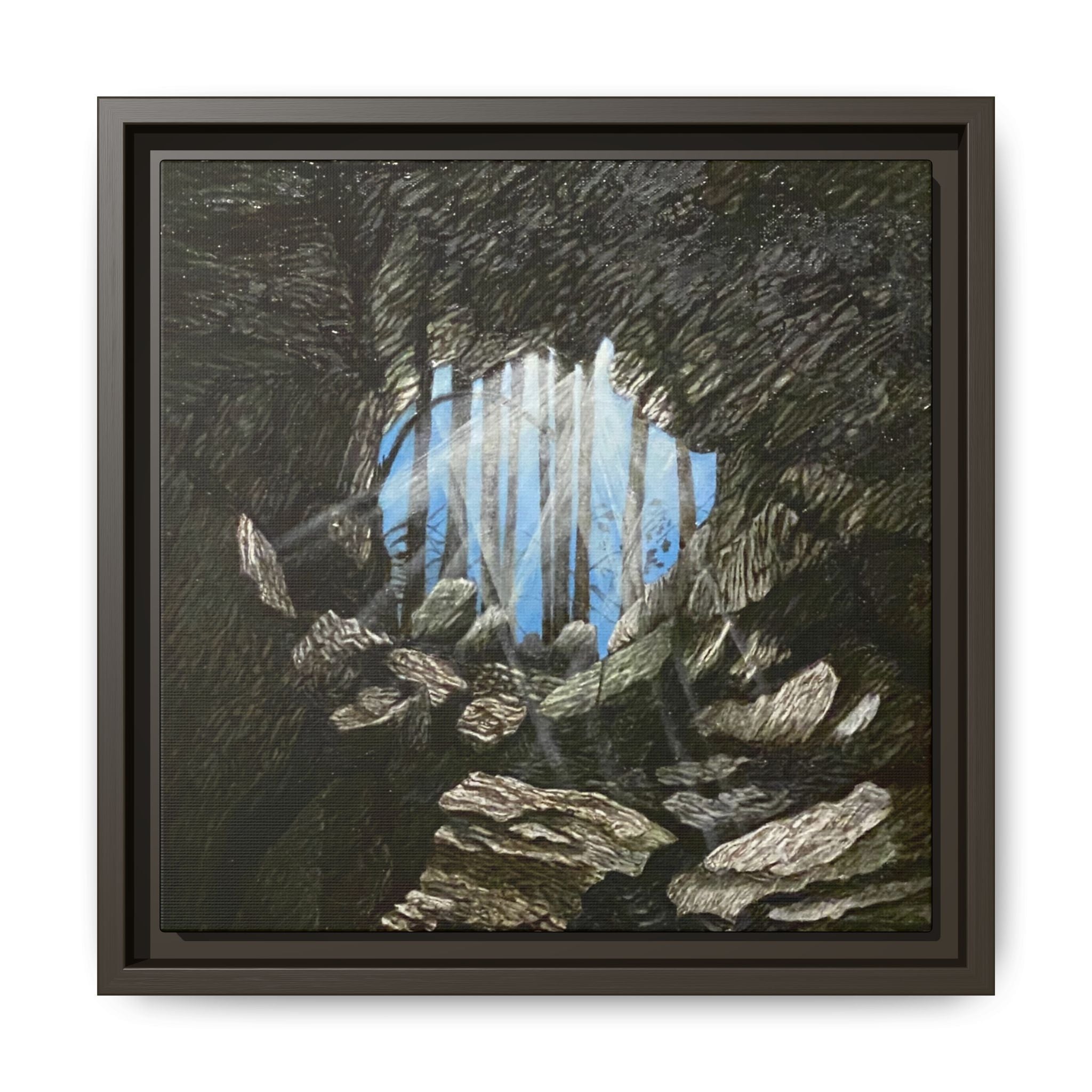 Framed Matte Canvas Art — Cave Opening with Blue Sky Landscape