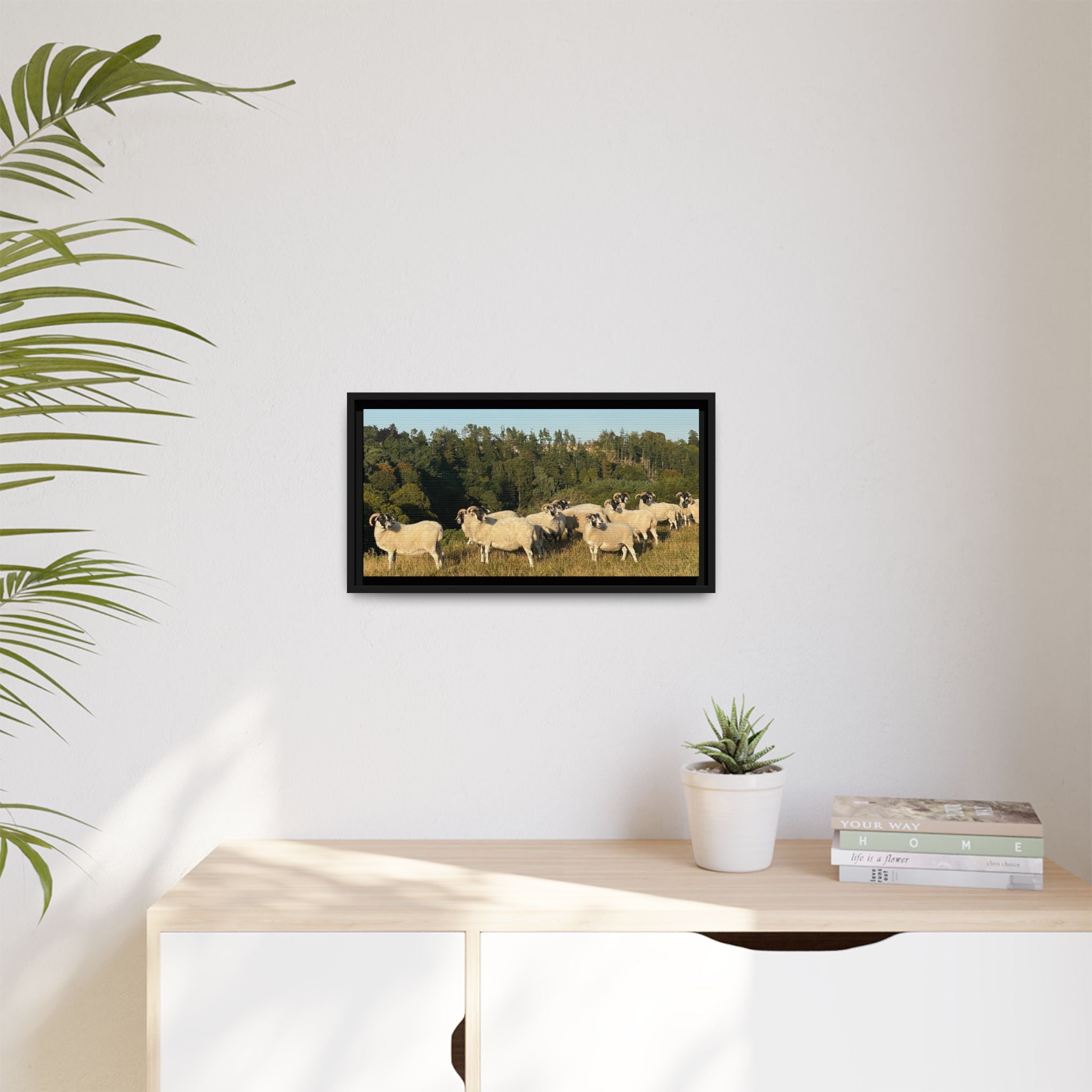 Framed Matte Canvas Print — Pastoral Sheep Landscape Wall Art
