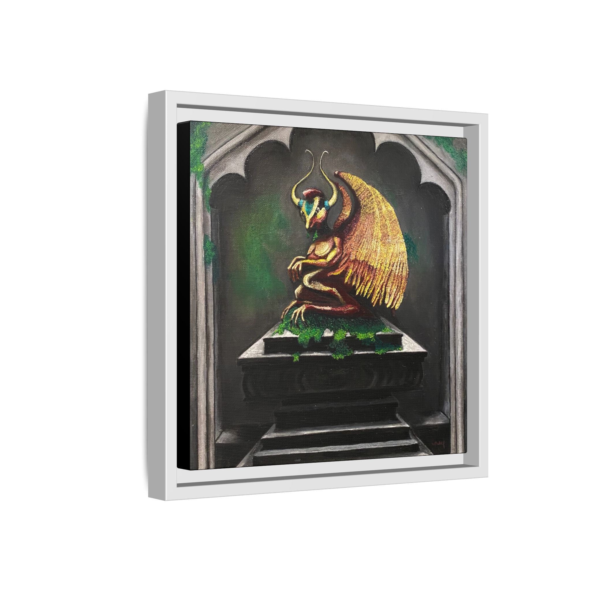 Framed Matte Canvas - Golden Gothic Gargoyle Wall Art