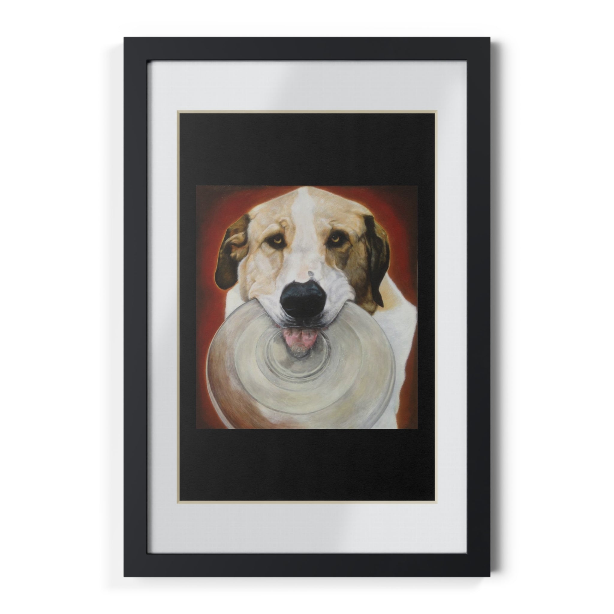 Framed Dog Poster — Black Frame Wall Art Featuring Playful Pup with Frisbee