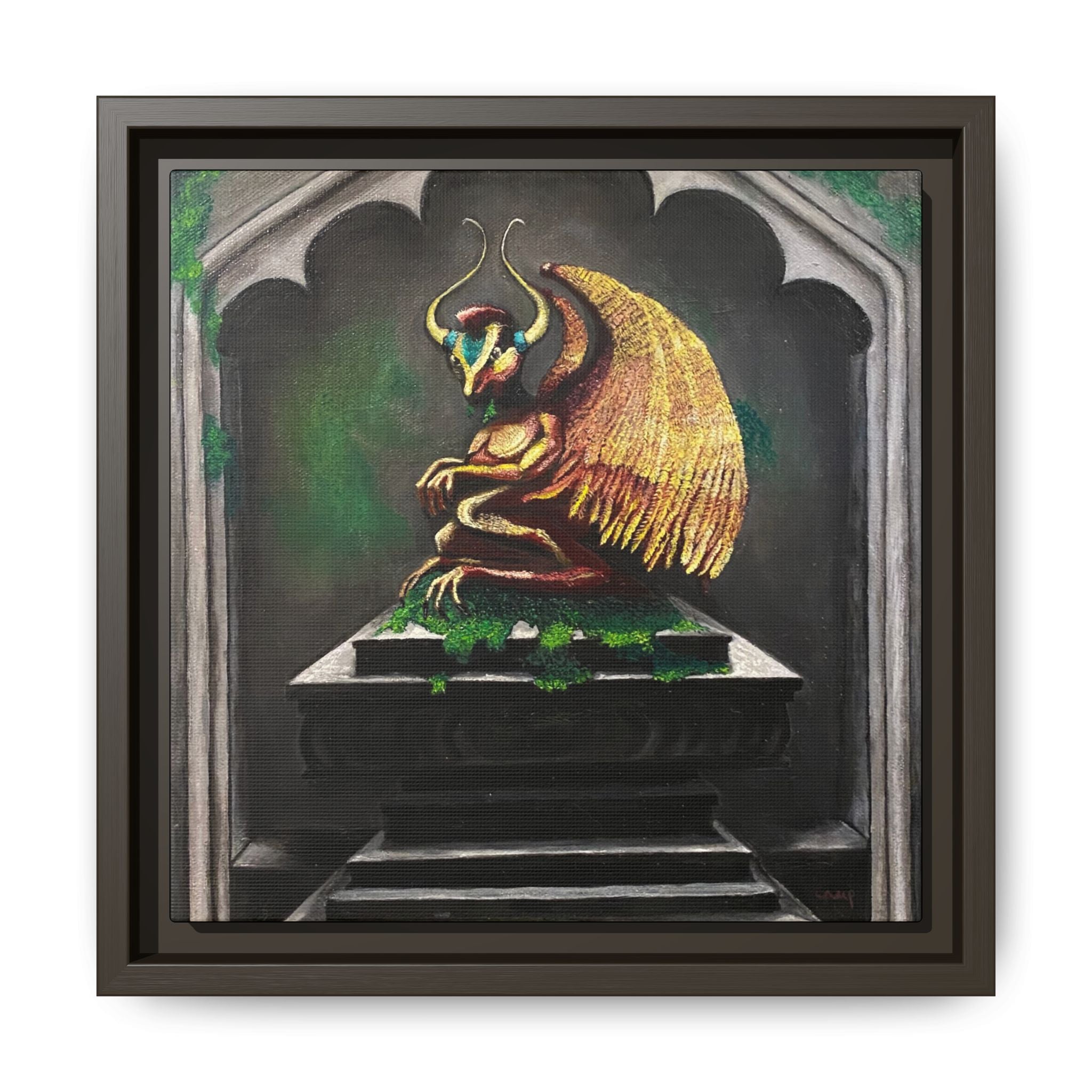 Framed Matte Canvas - Golden Gothic Gargoyle Wall Art