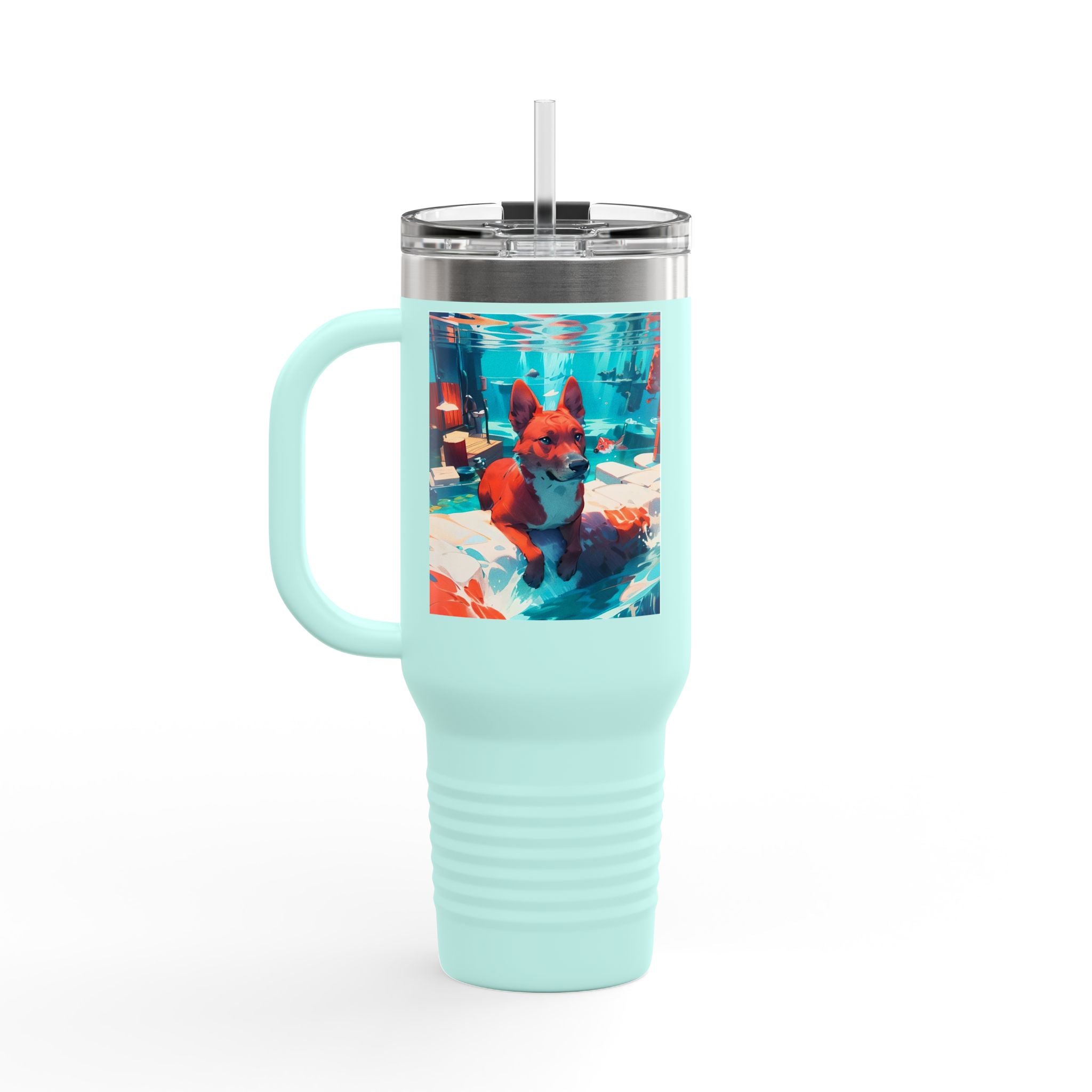 40oz Insulated Travel Mug – Colorful Underwater Dog Art Design