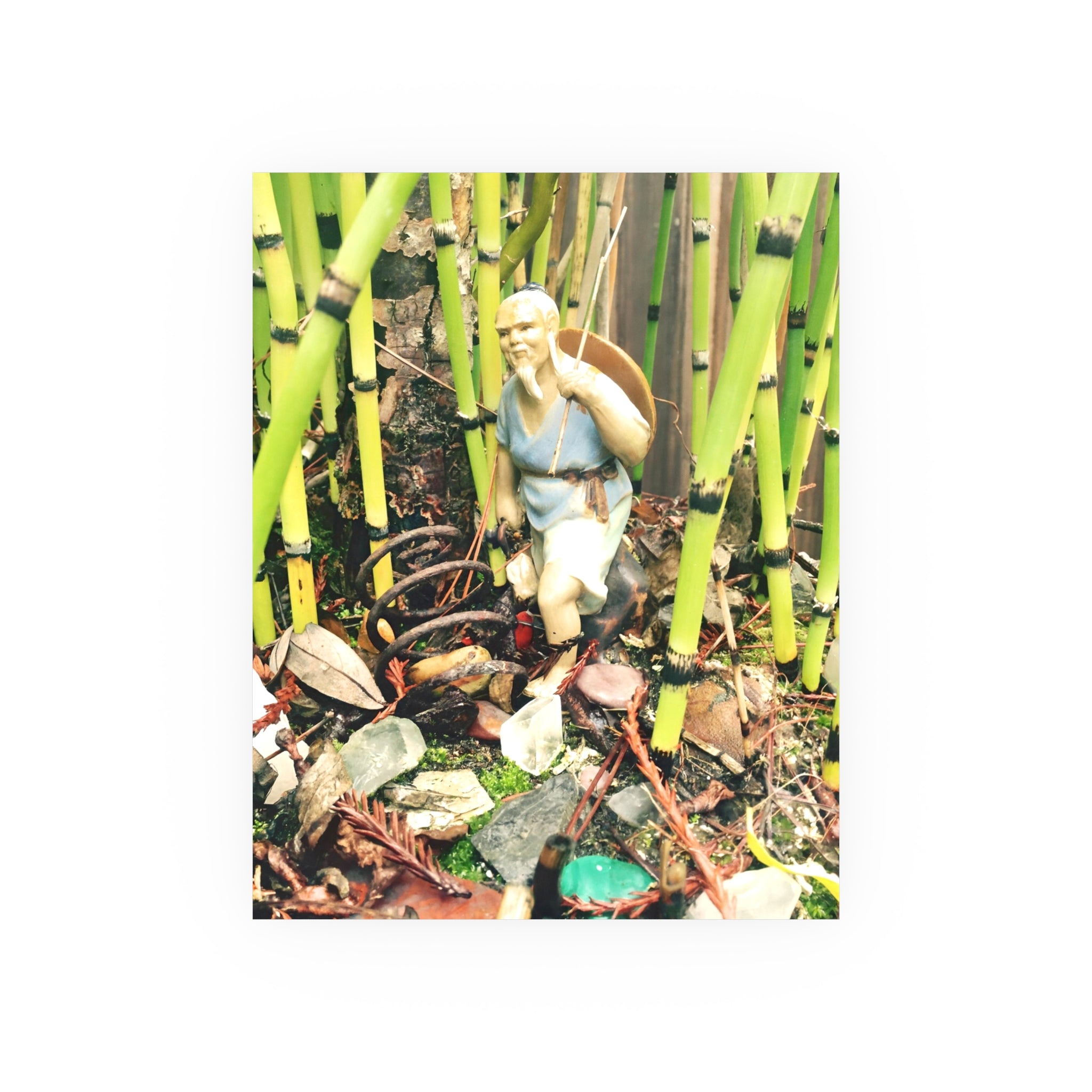 Garden Vignette Poster — Vintage Figurine Among Bamboo Satin/Matte Print