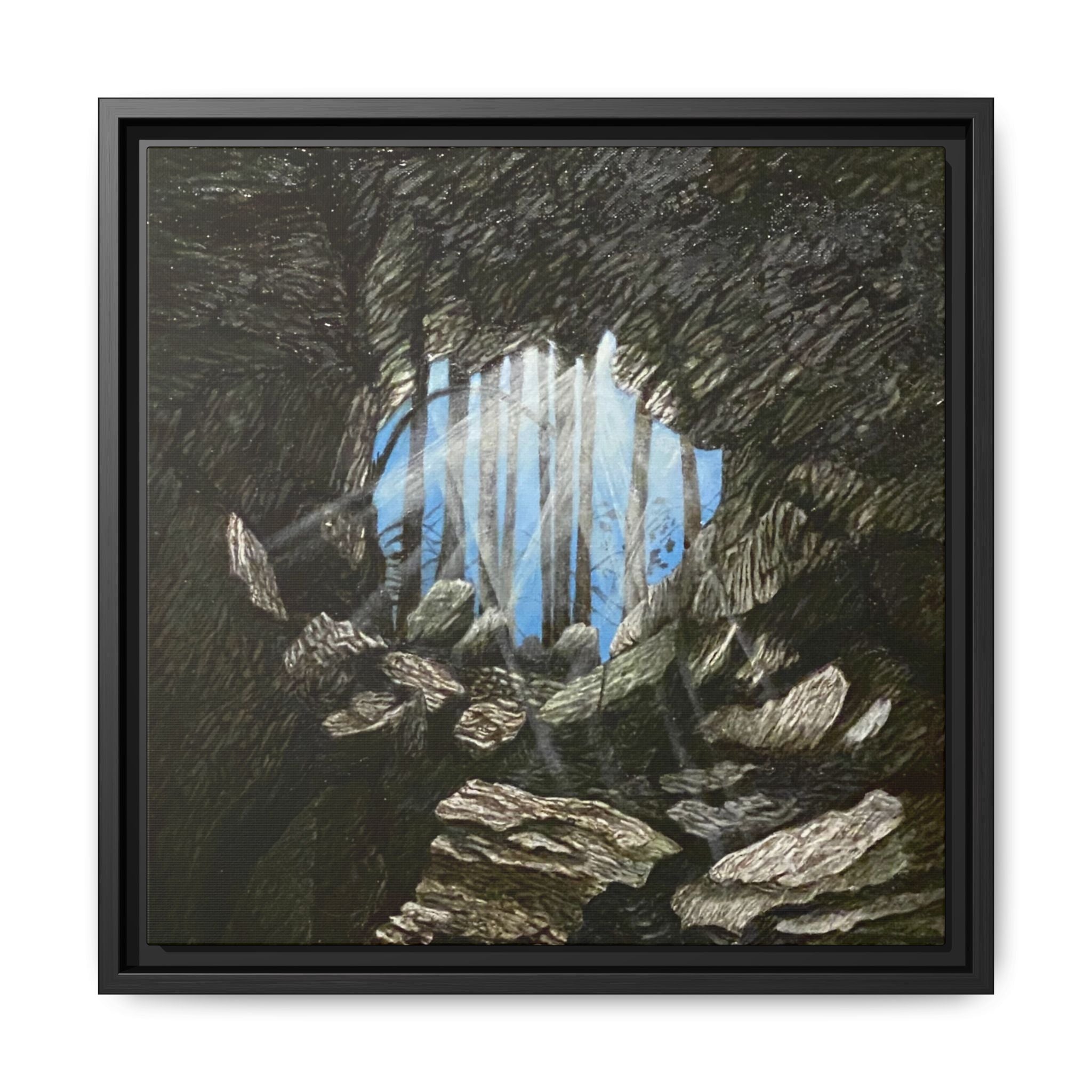 Framed Matte Canvas Art — Cave Opening with Blue Sky Landscape