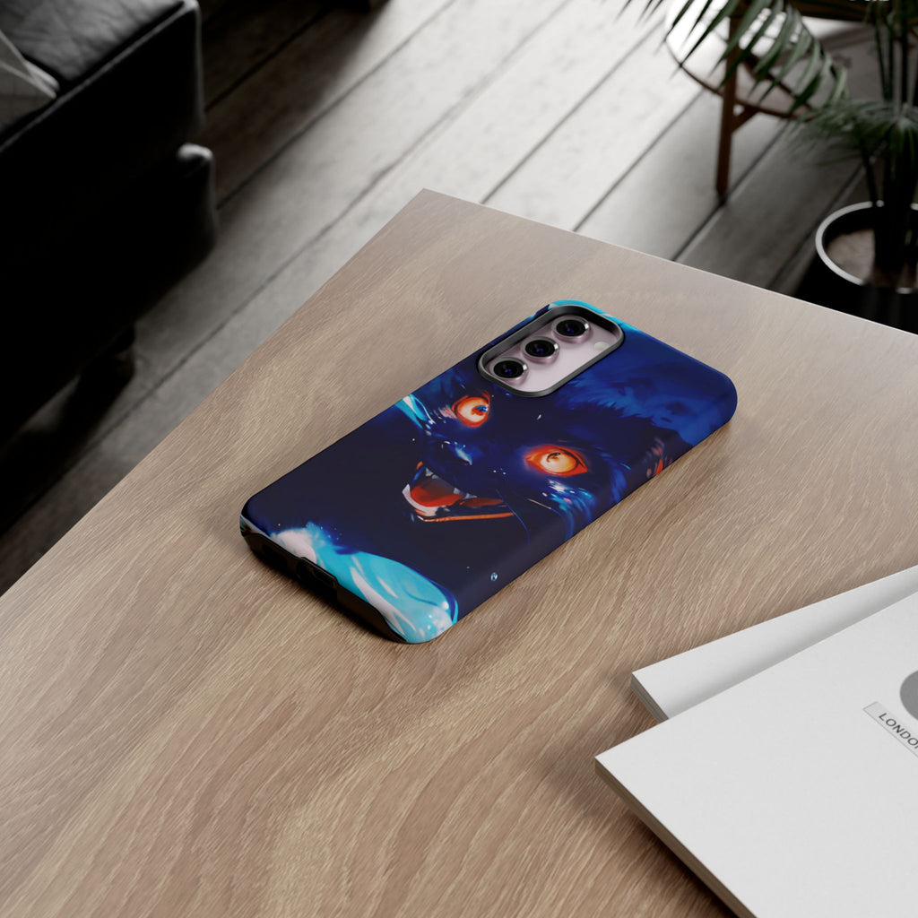 Demon Cat Phone Case — Glowing Blue Feline Tough Case