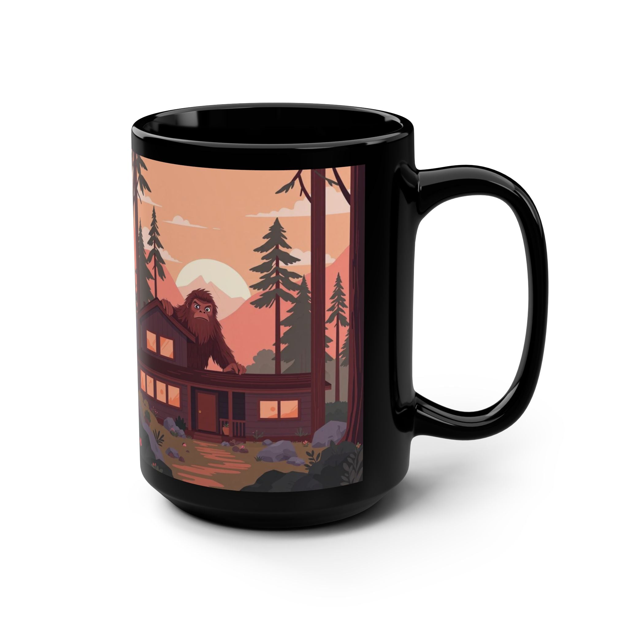 Cabin Forest Mug — Rustic Bigfoot Sunset 15oz Black Coffee Cup
