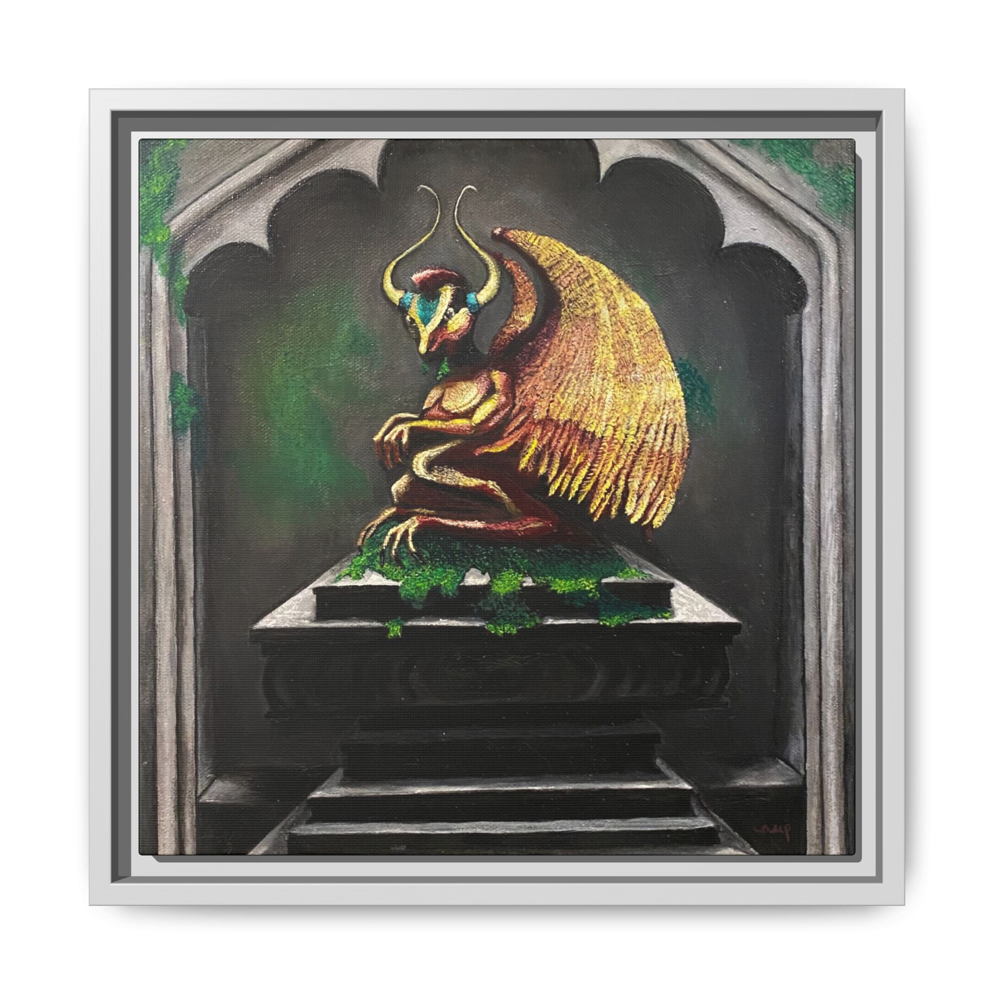 Framed Matte Canvas - Golden Gothic Gargoyle Wall Art
