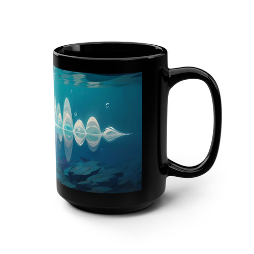 Cerulean Soundwave Black Mug — 15oz Artistic Ocean Vibes