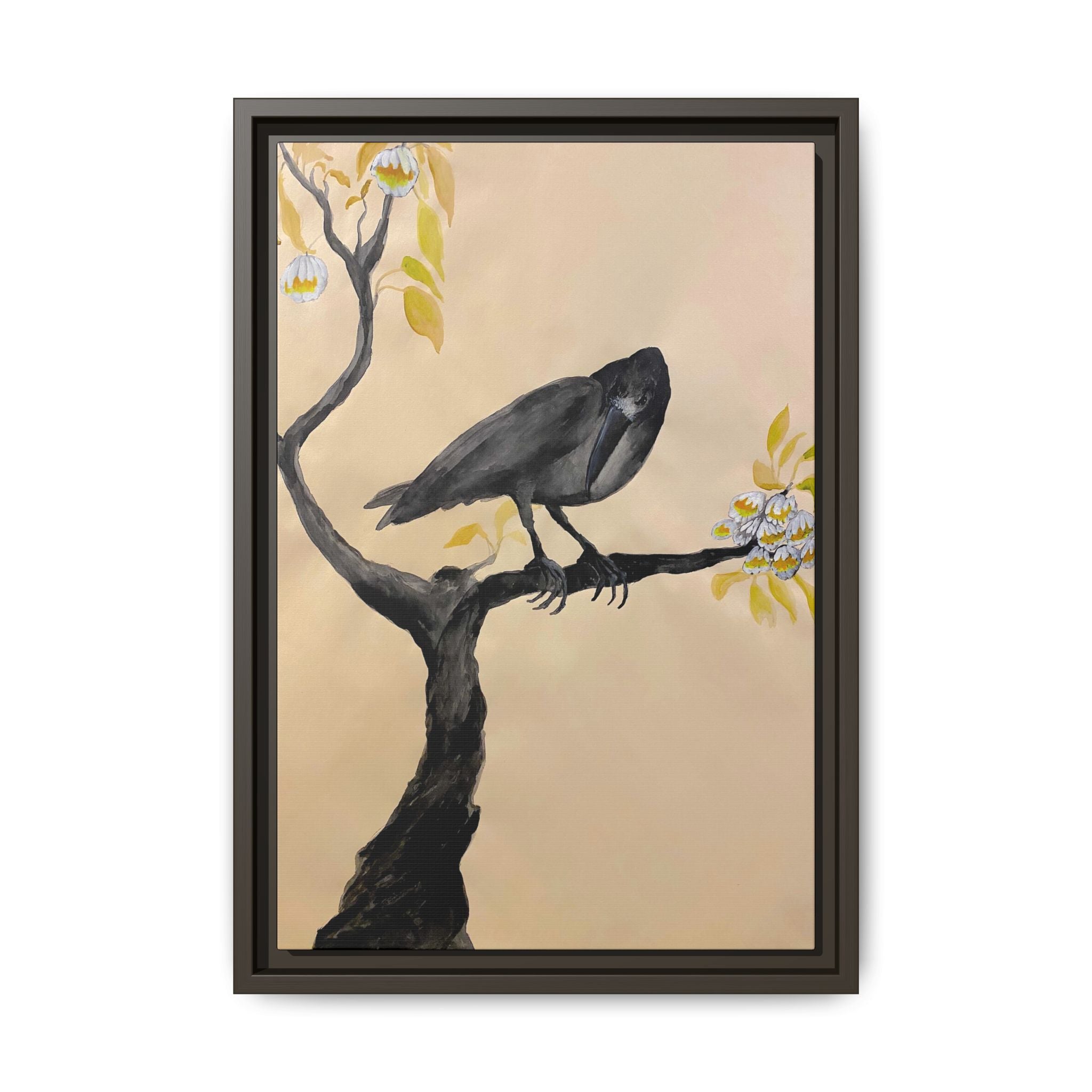 Raven on Branch Matte Framed Canvas – Moody Bird Wall Art