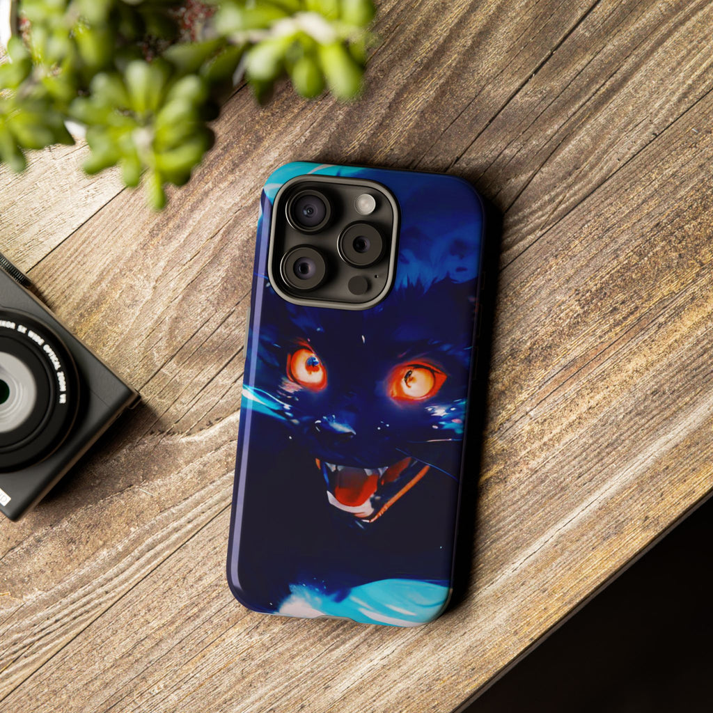 Demon Cat Phone Case — Glowing Blue Feline Tough Case