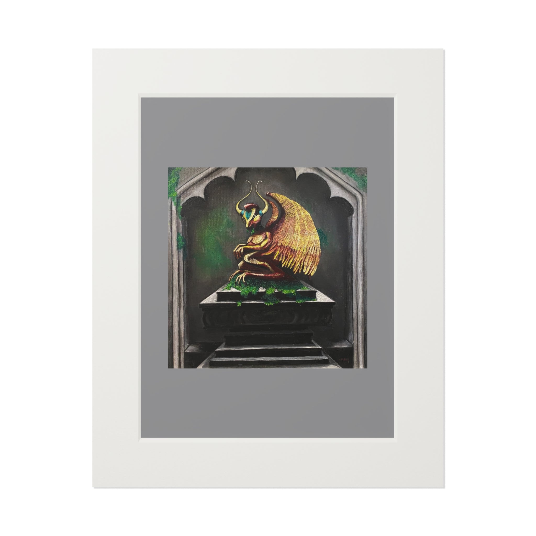 Golden Gargoyle Fine Art Print with Passepartout Frame — Mythic Wall Art