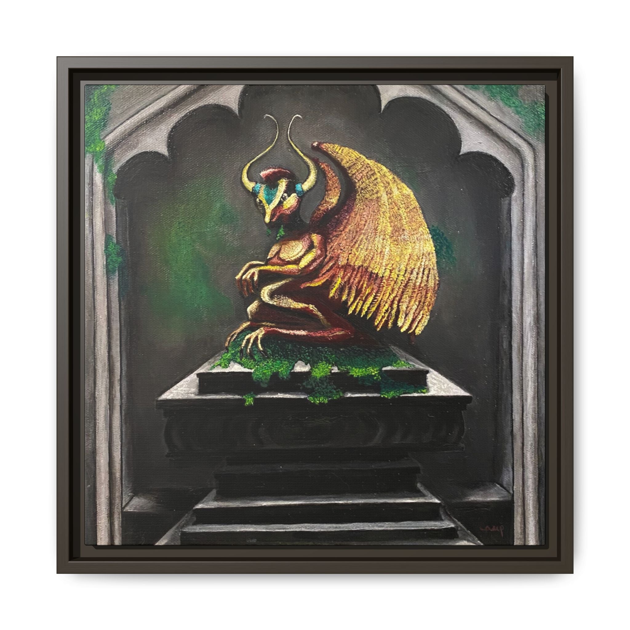 Framed Matte Canvas - Golden Gothic Gargoyle Wall Art