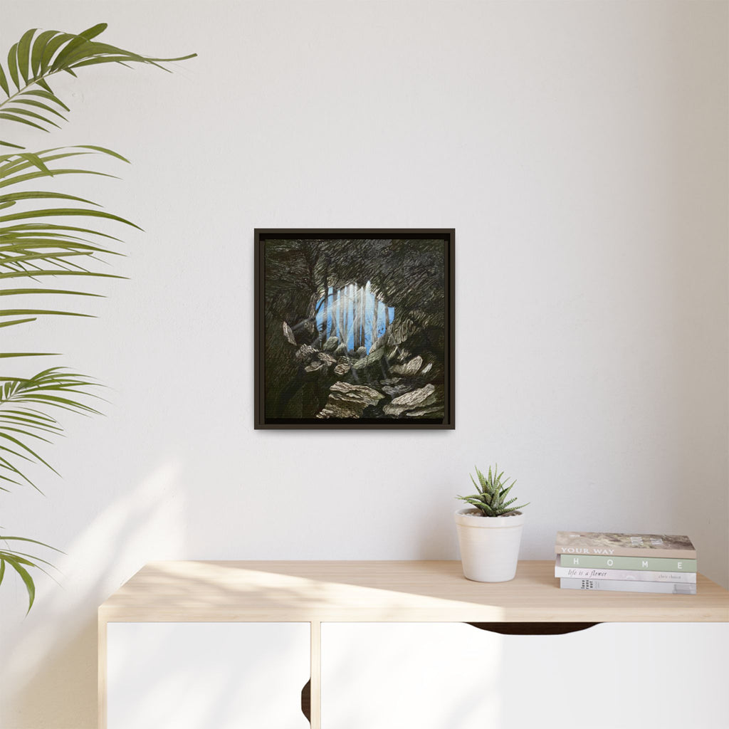 Framed Matte Canvas Art — Cave Opening with Blue Sky Landscape
