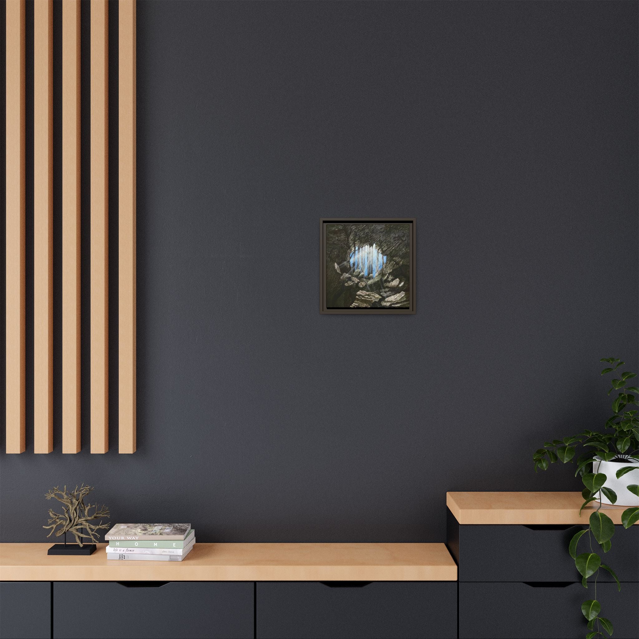 Framed Matte Canvas Art — Cave Opening with Blue Sky Landscape