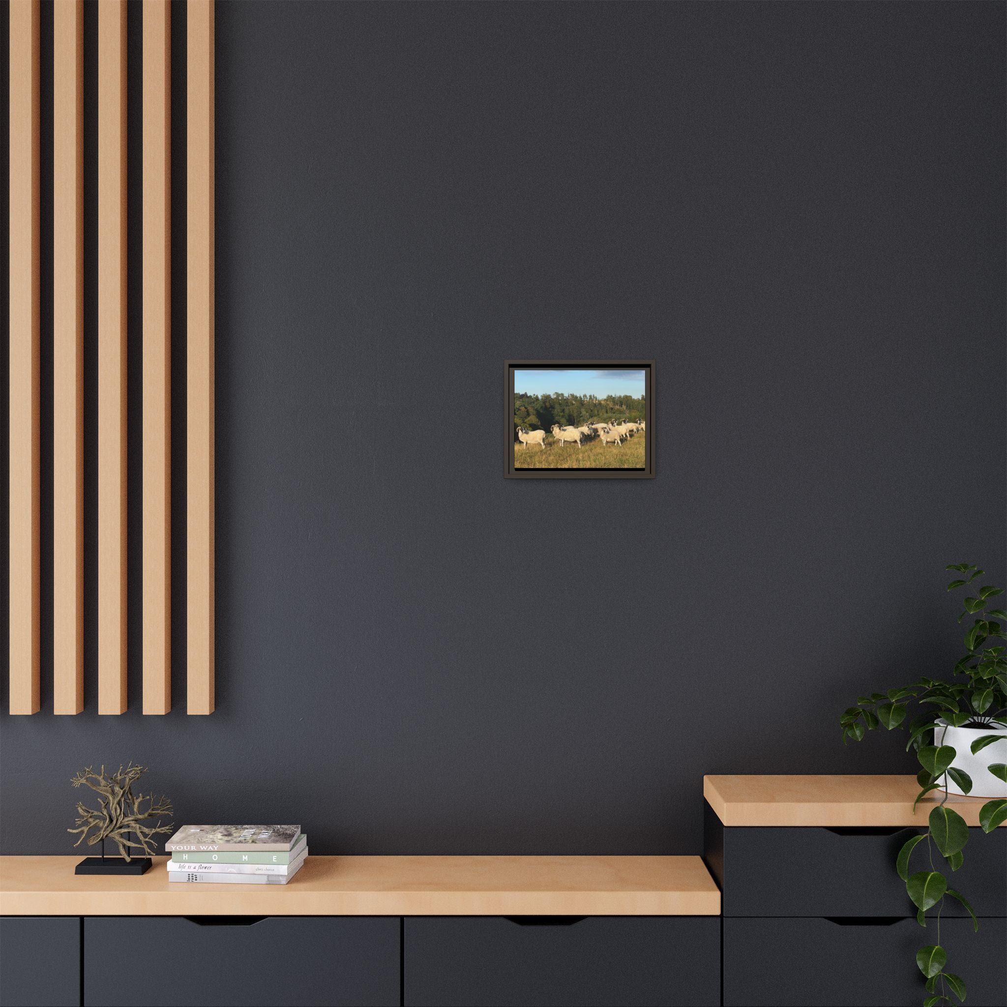 Framed Matte Canvas Print — Pastoral Sheep Landscape Wall Art