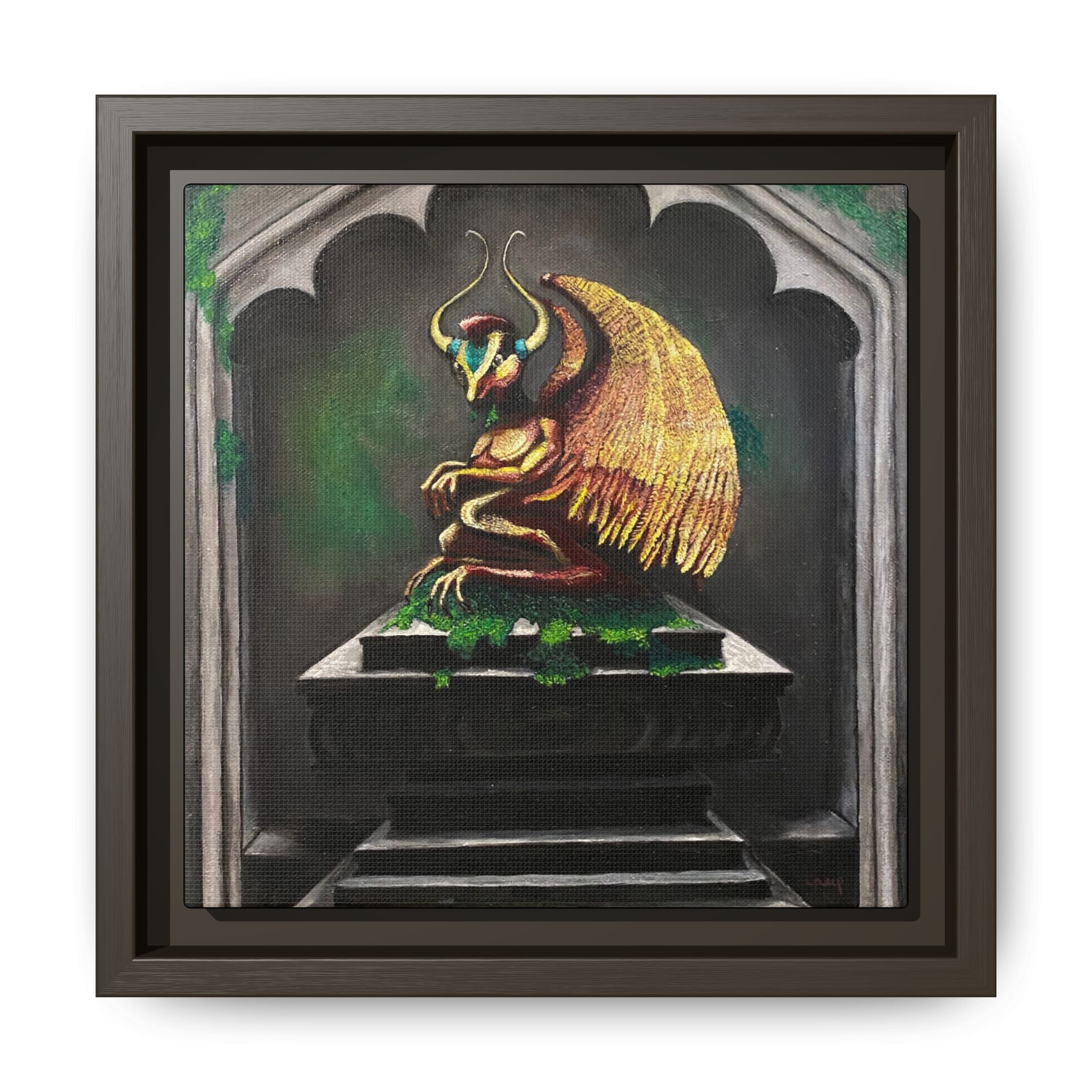 Framed Matte Canvas - Golden Gothic Gargoyle Wall Art